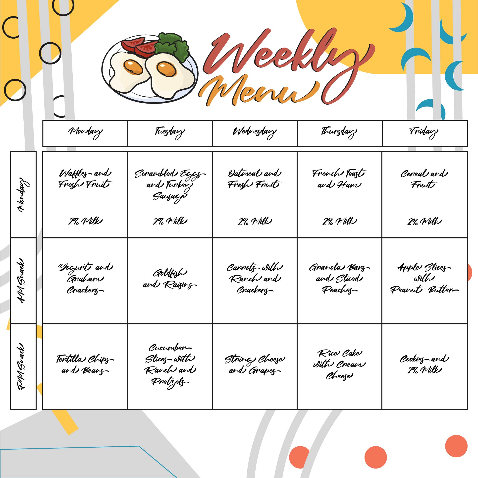 Printable Fillable Weekly Menu Template For Daycare