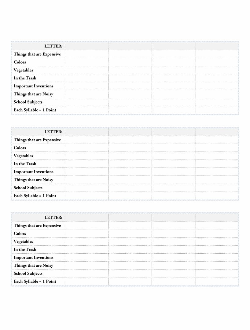 Scattergories Printable Category Lists