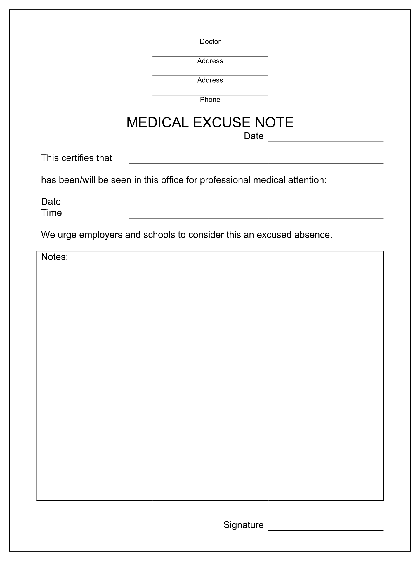 Fake Note Doctors Excuse Template