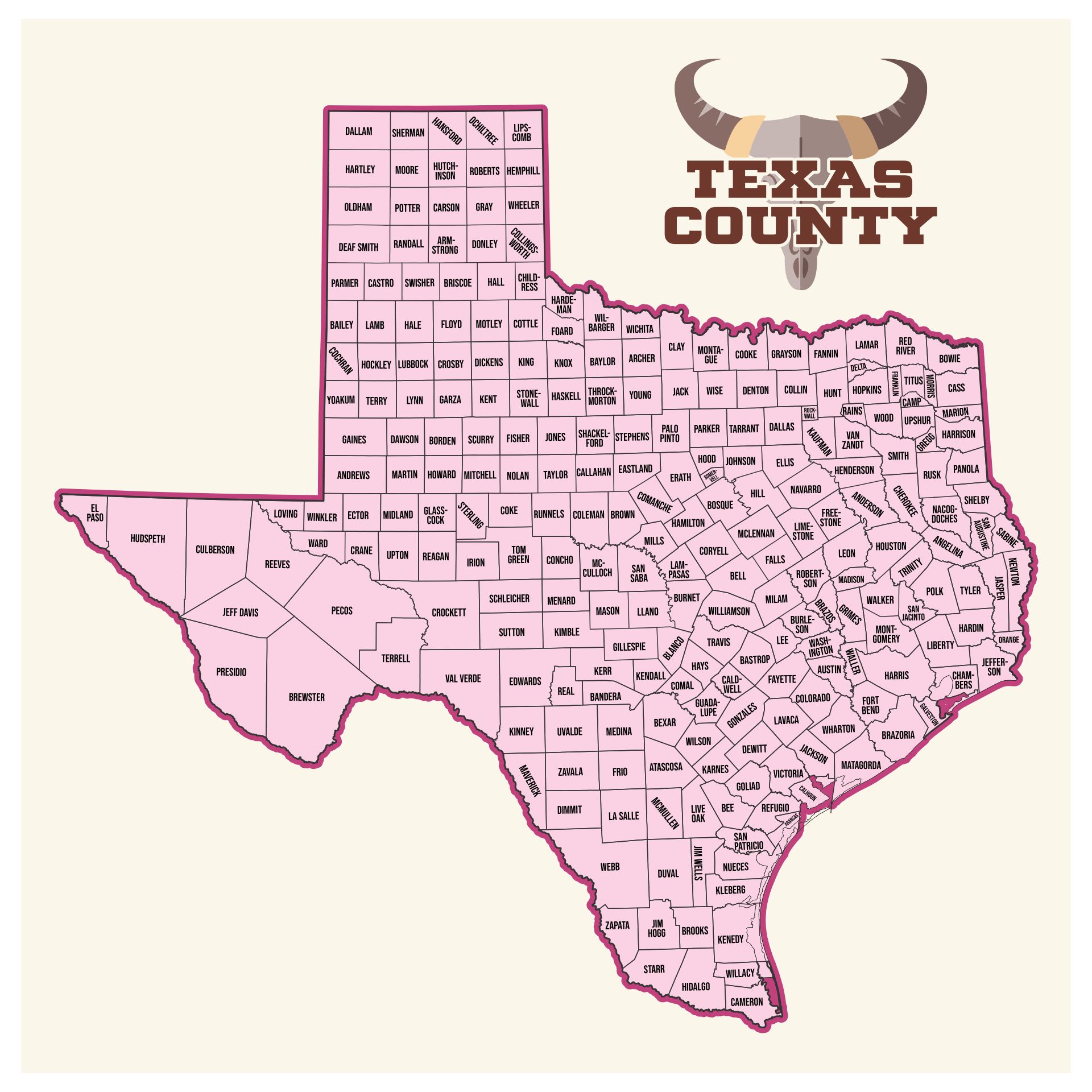 Printable Texas County Map with Cities
