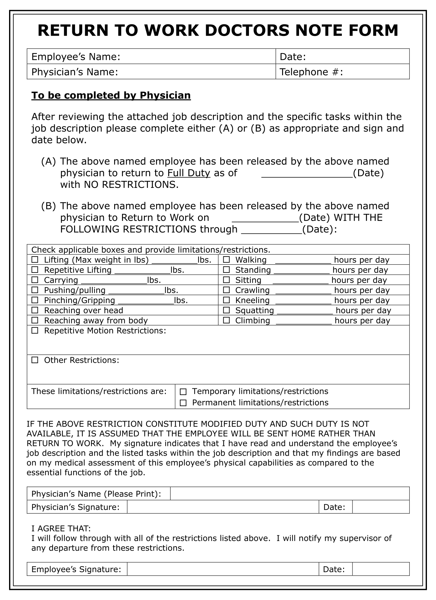 Return To Work Doctors Note Template Free