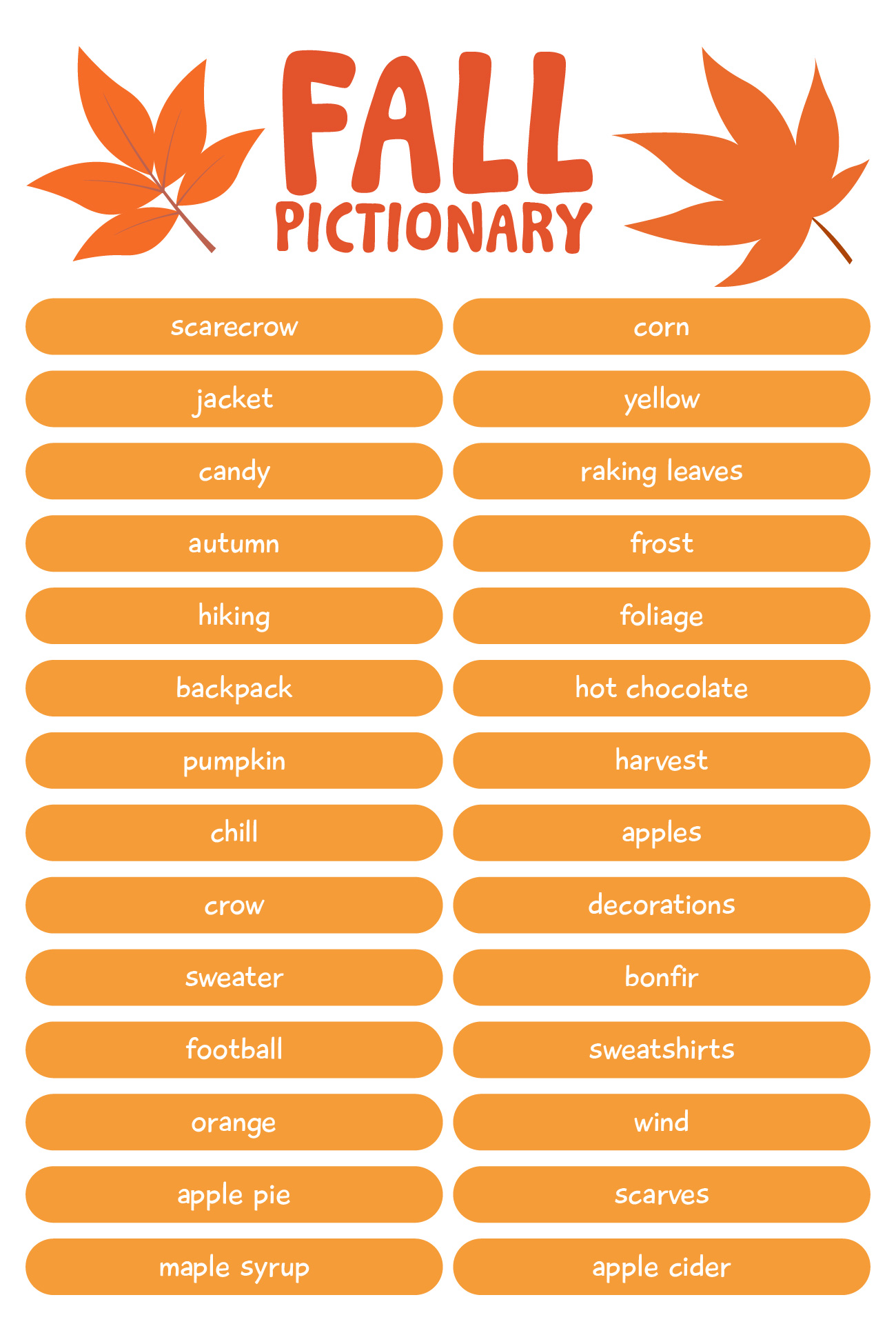 Pictionary Word List Printable