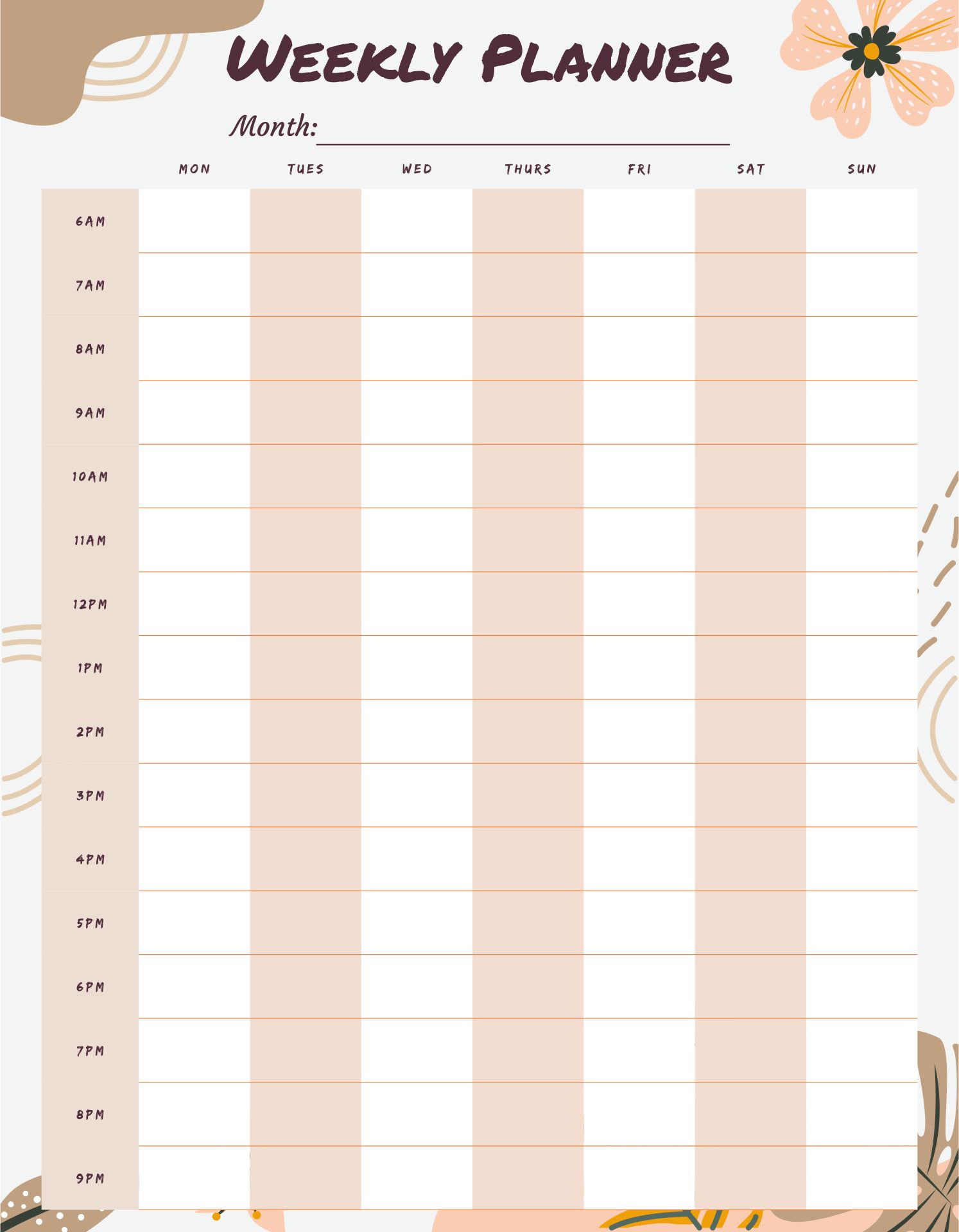 No Template with Times Weekly Planner Printable Calendar