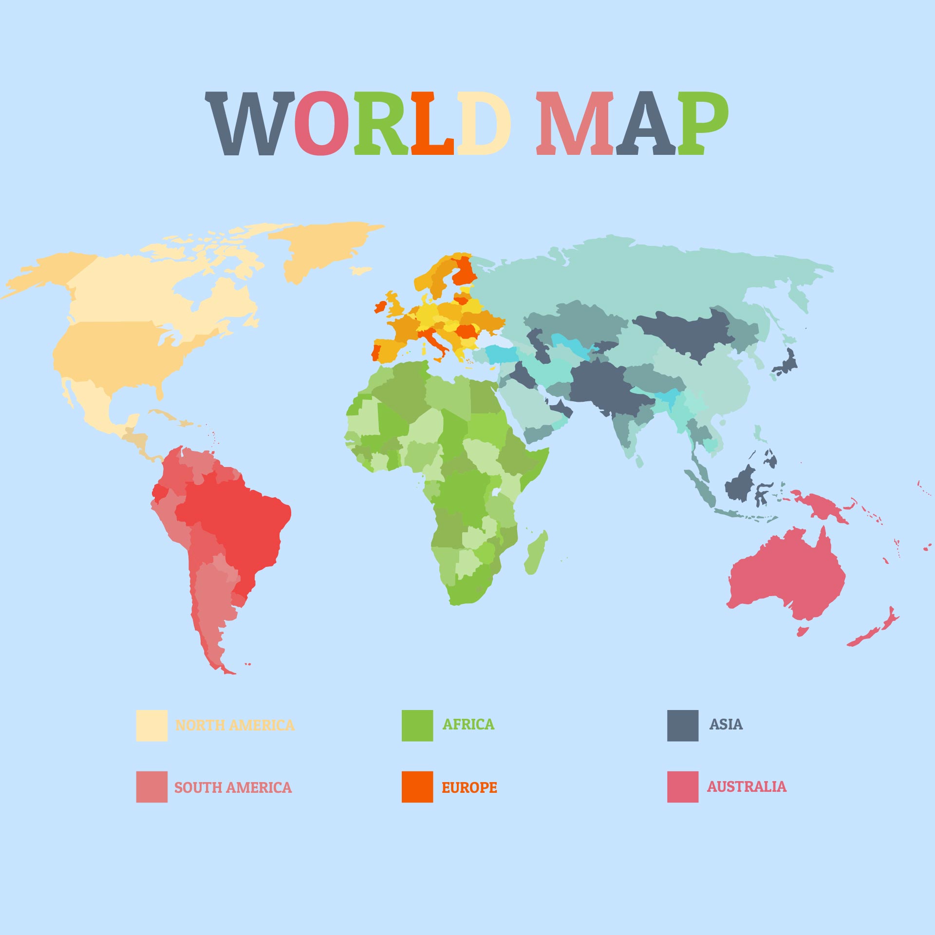 World Map with Continents Countries