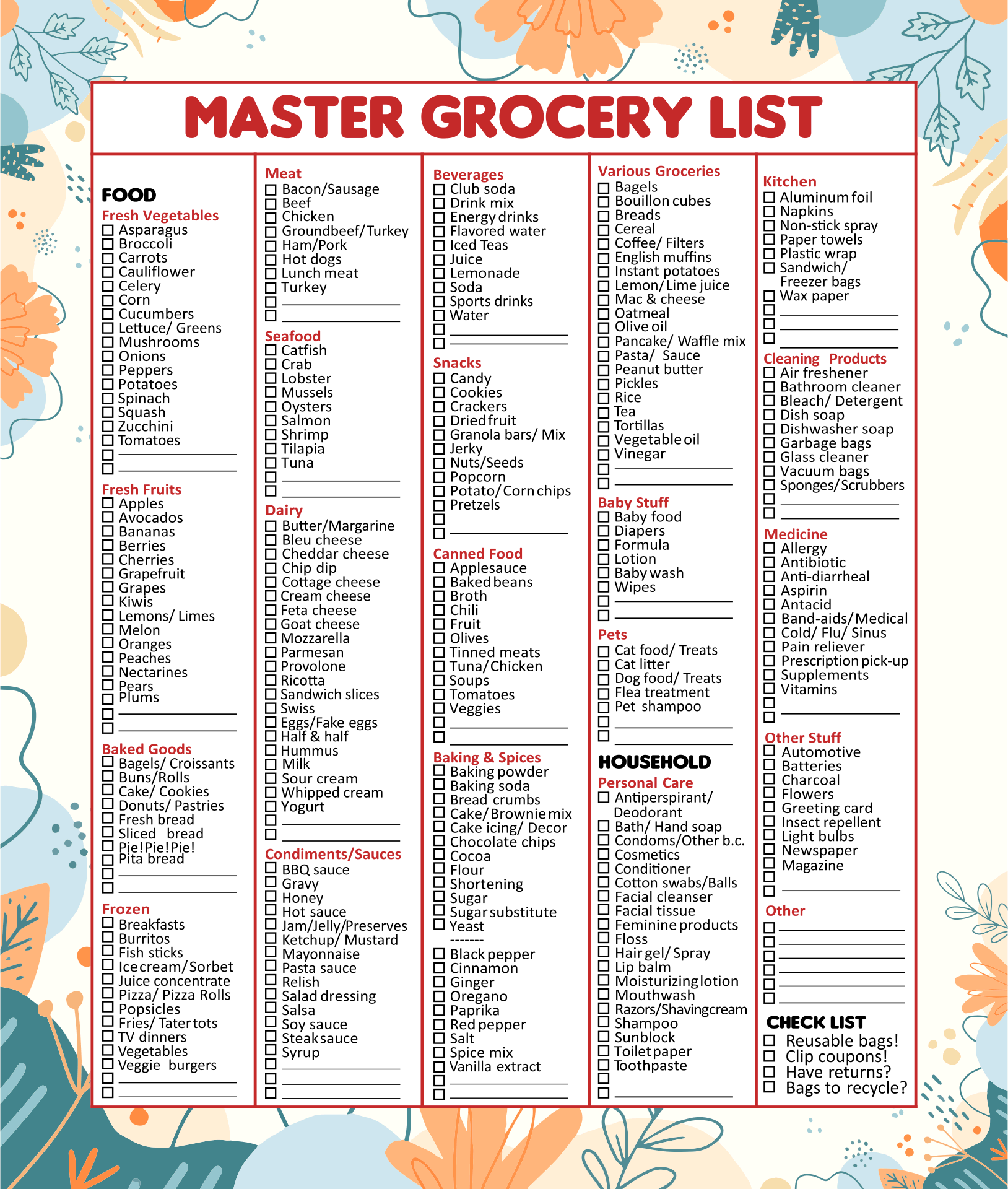 Master Grocery List Template Printable