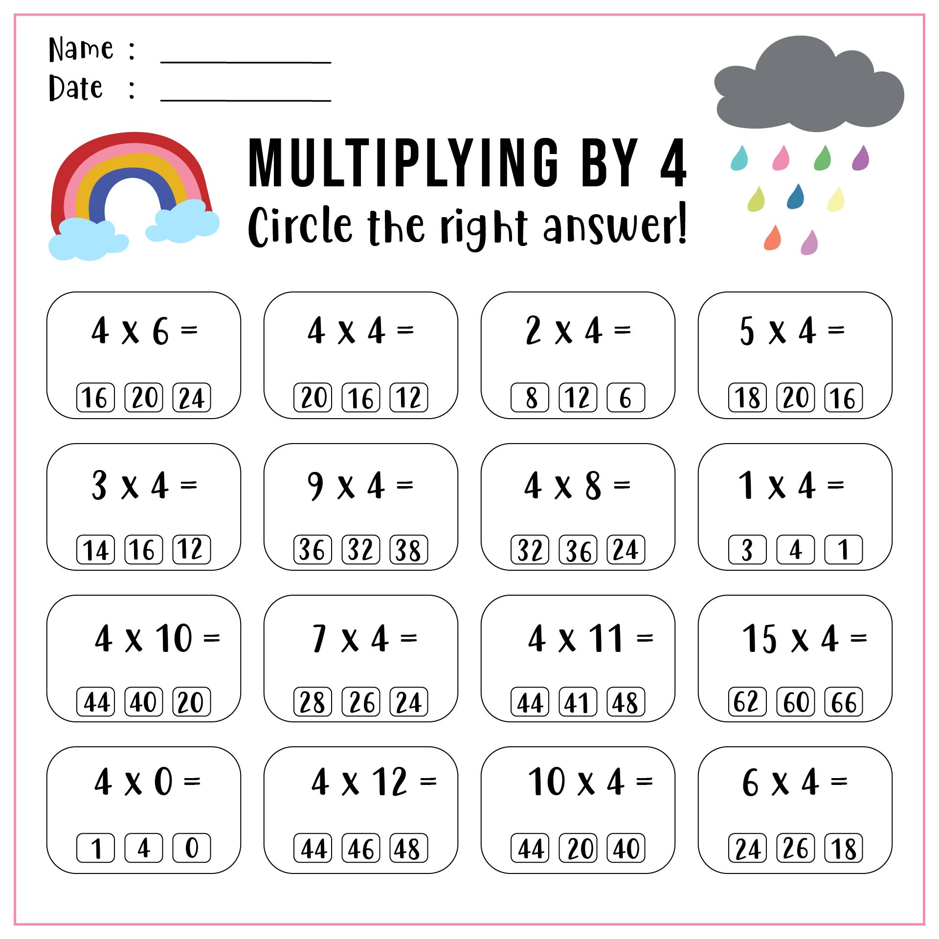 Multiplication by 4 Worksheet
