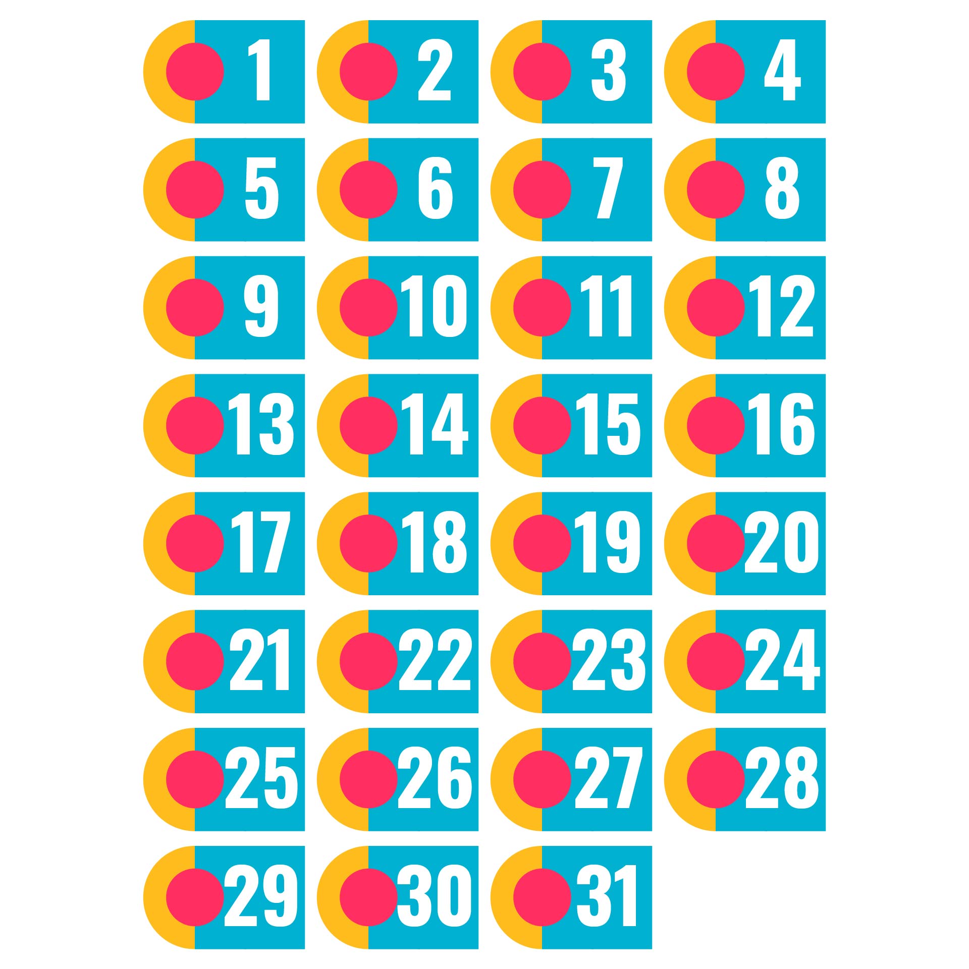  Printable Calendar Numbers 1-31