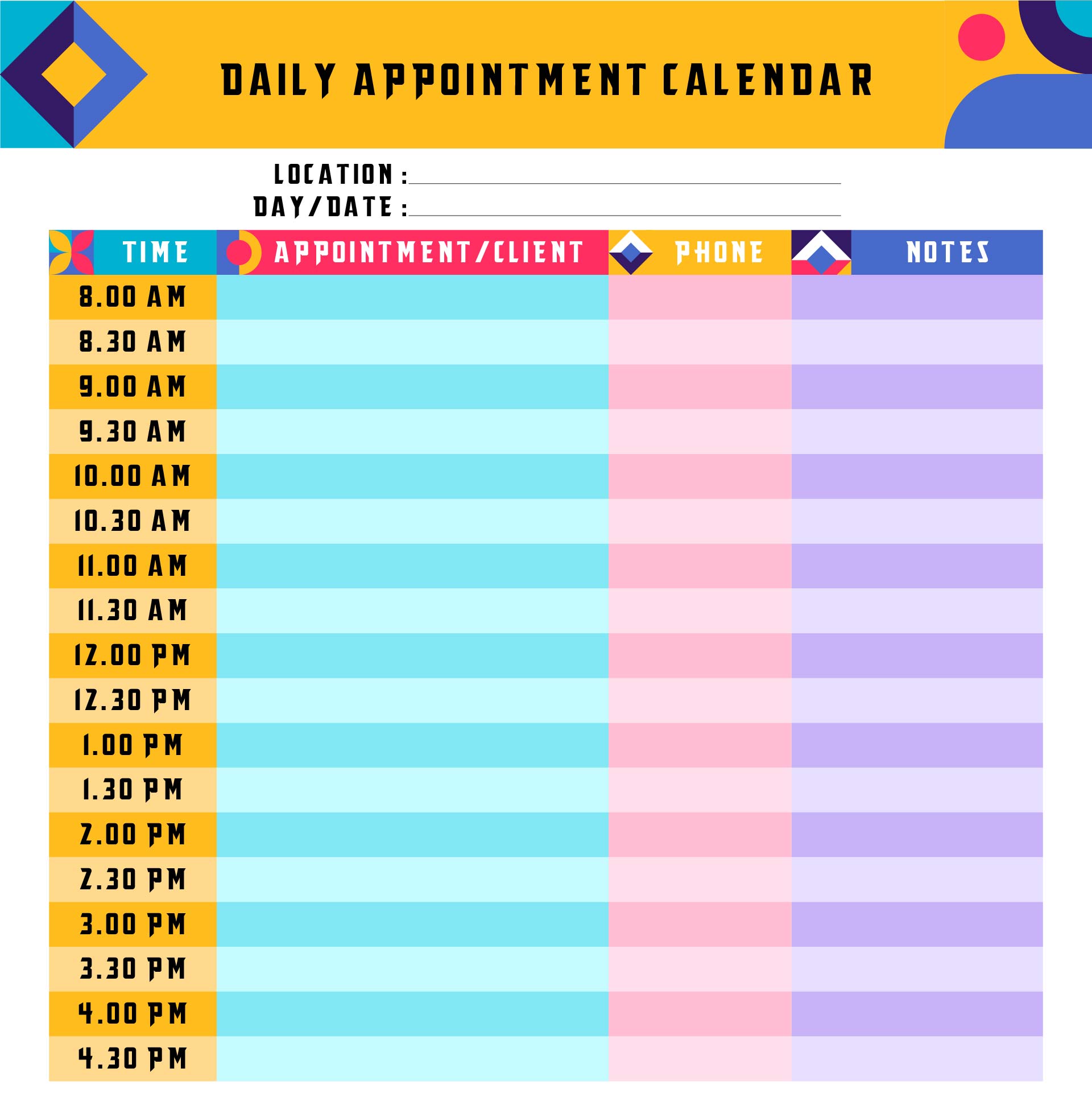 Printable Daily Appointment Calendar Template