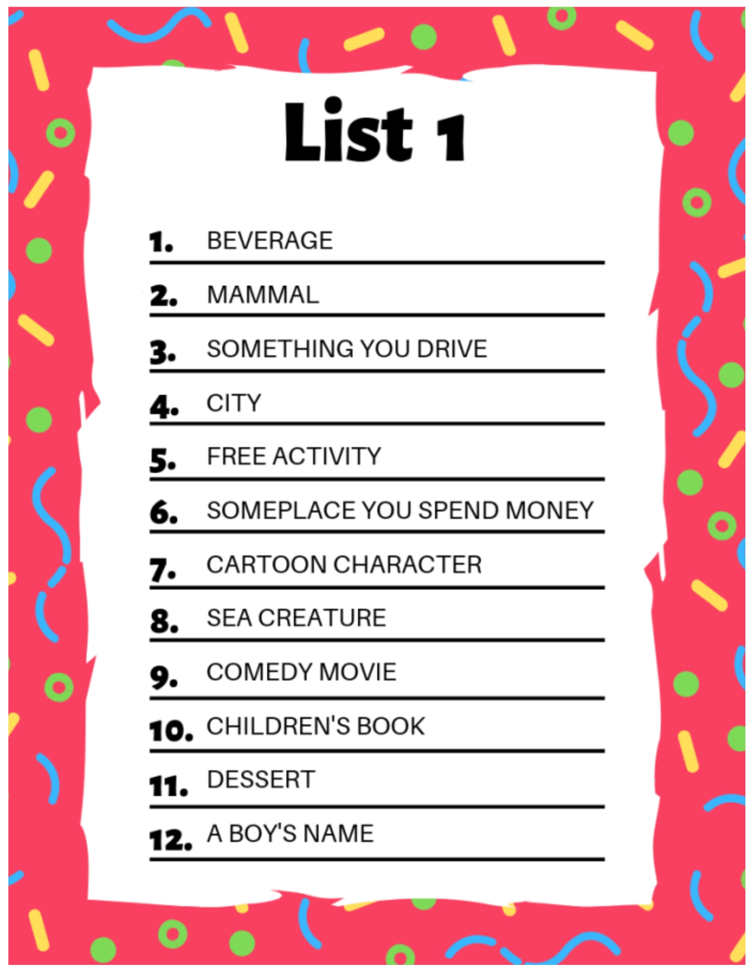 scattergories printable sheets list 1