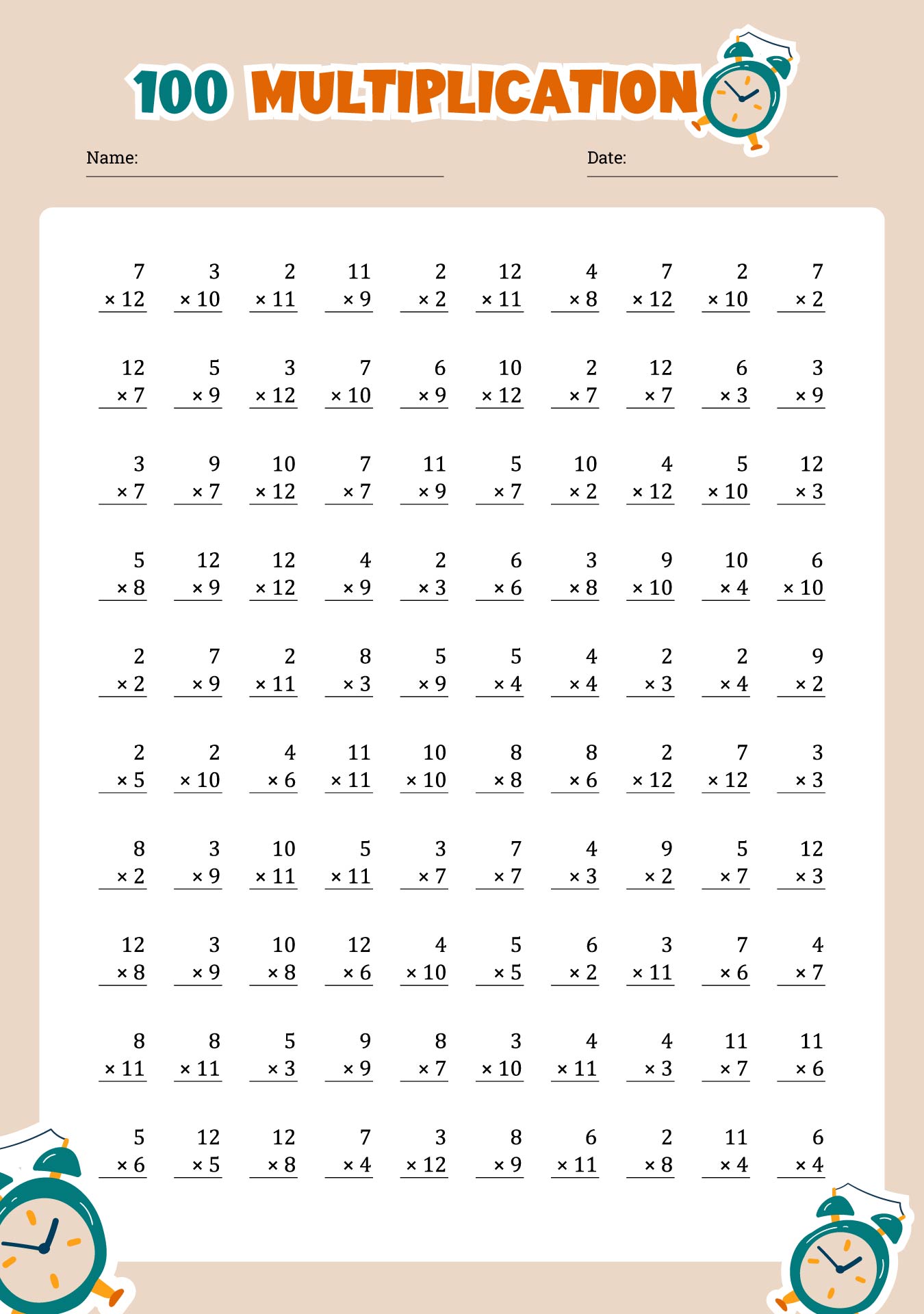 100 Multiplication Worksheet
