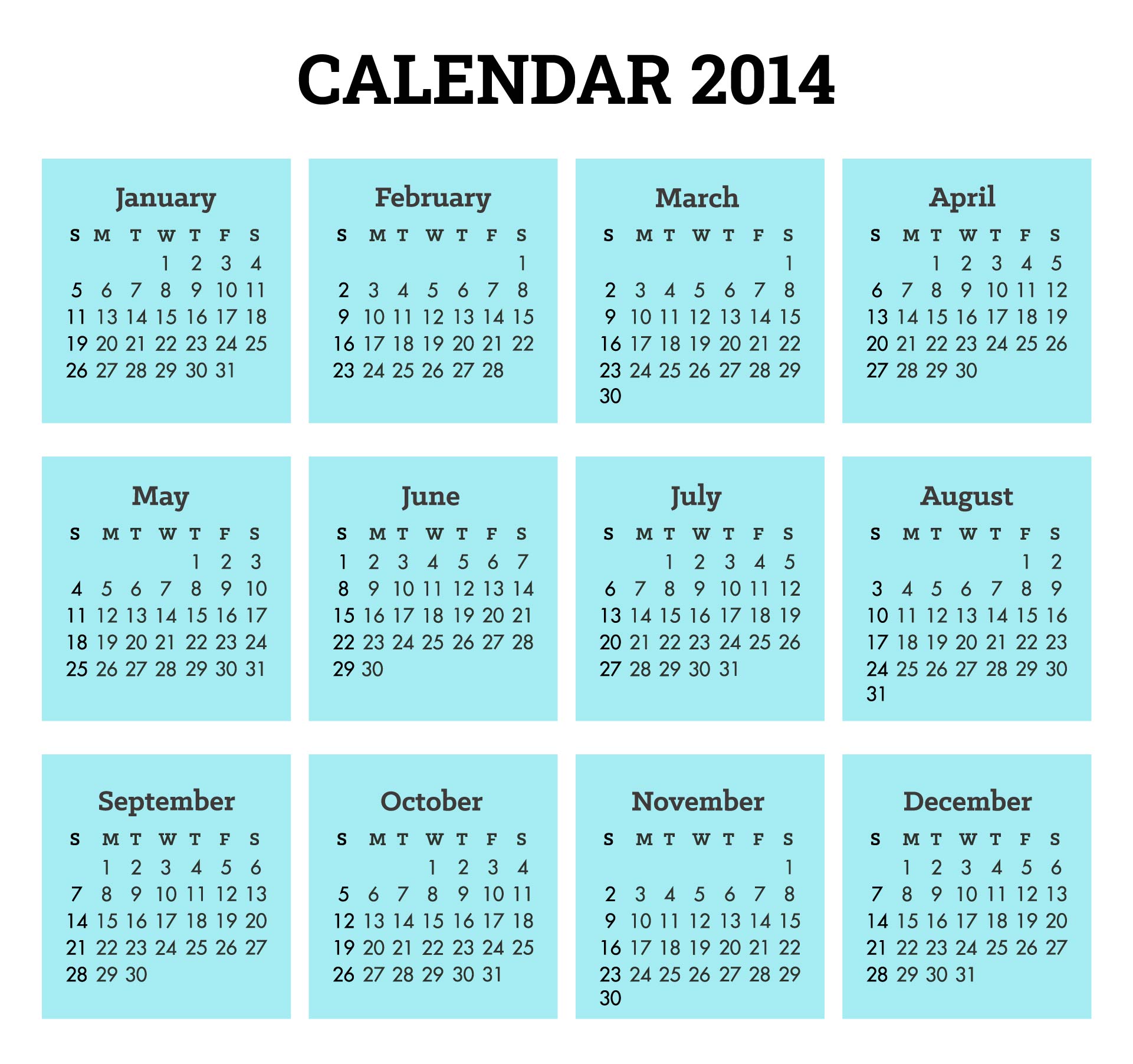2014 Monthly Calendar Printables