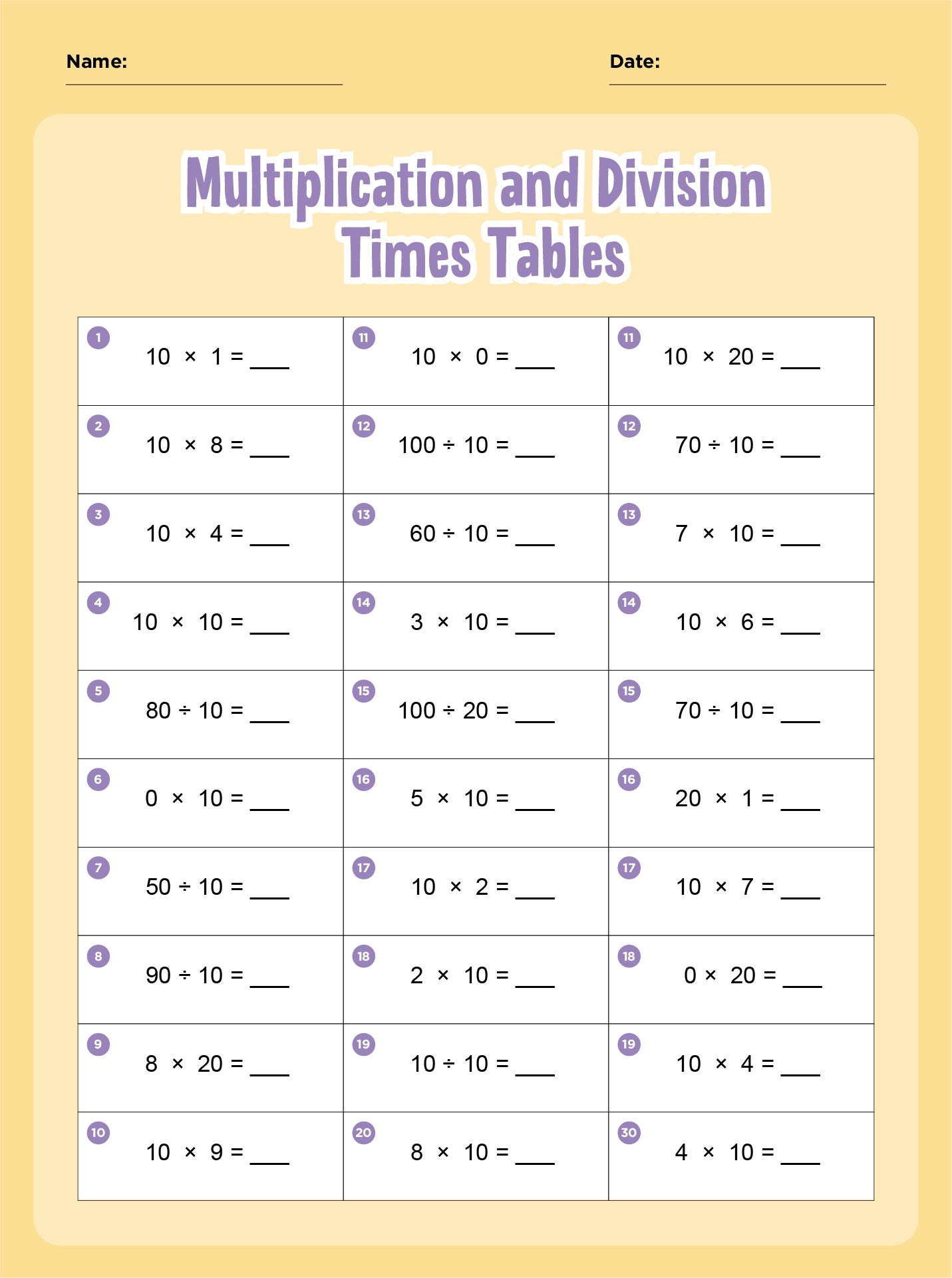 Division Times Tables Worksheets