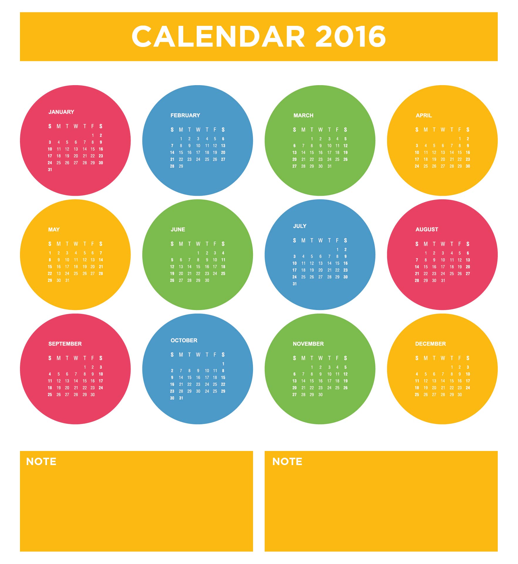 Printable 2016 Yearly Calendar with Notes