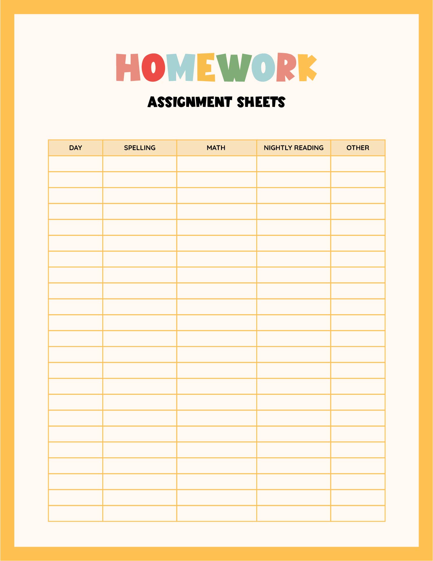 Printable Homework Assignment Sheets