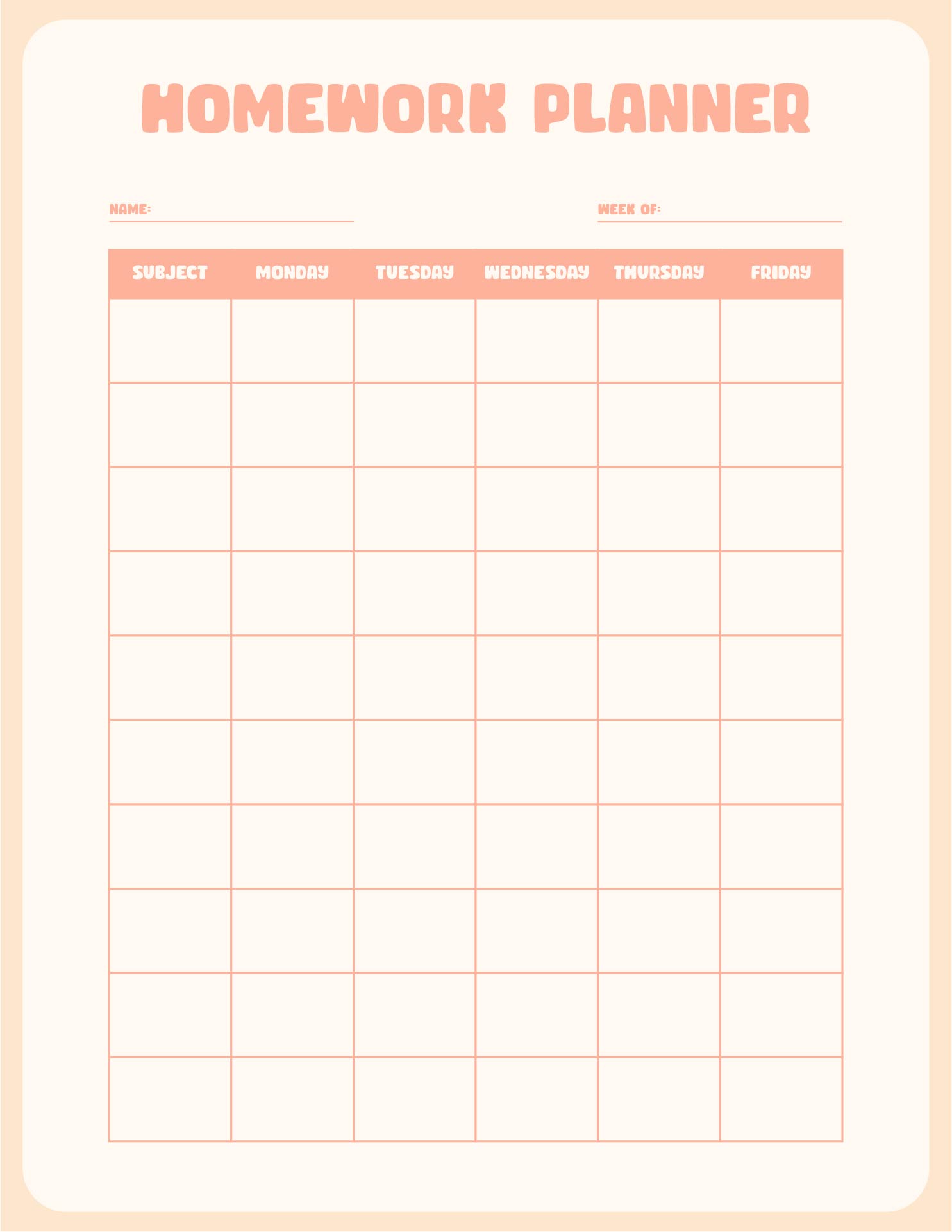 Printable Homework Planner Template