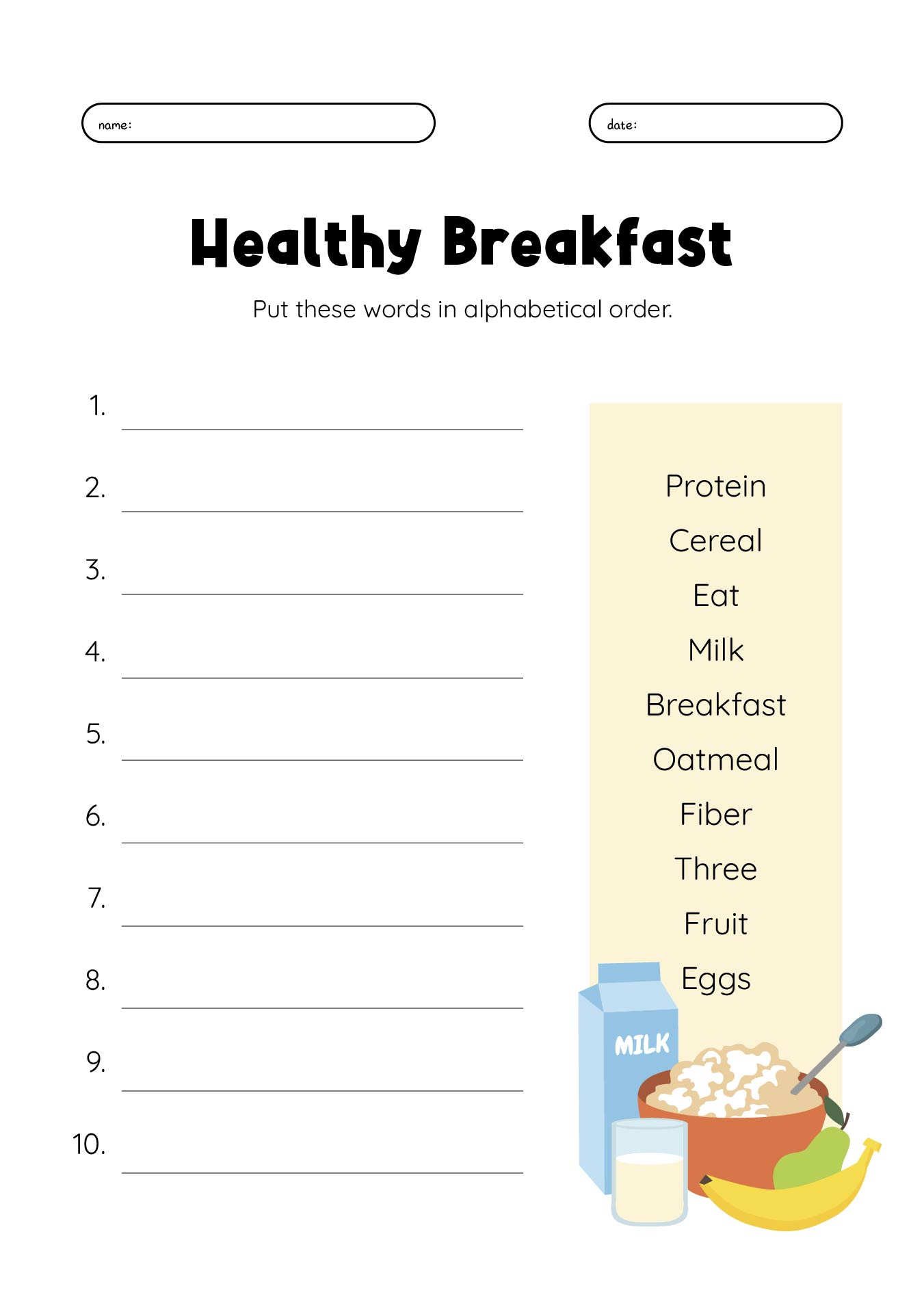 Healthy Breakfast Worksheet