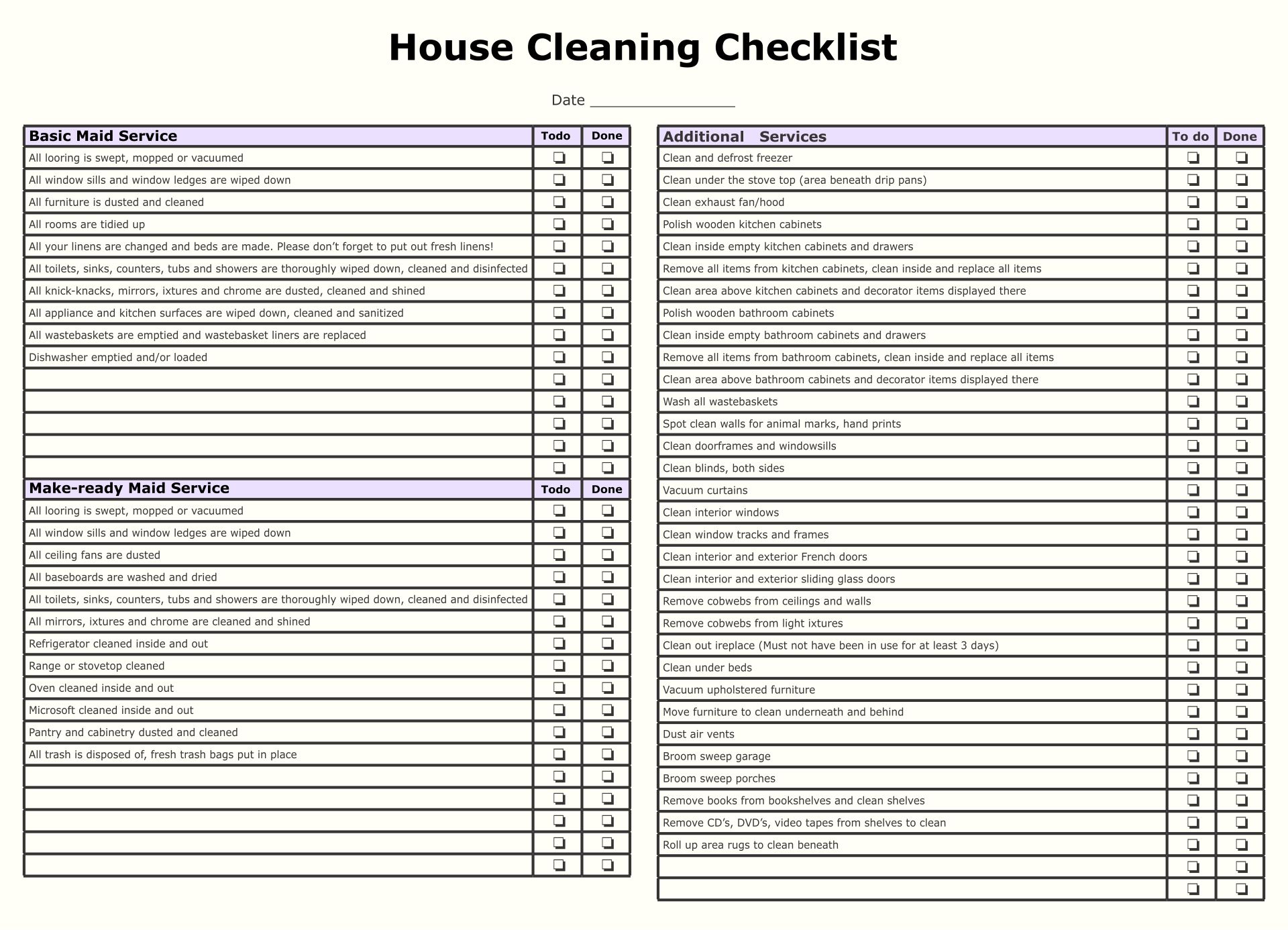 Maid Service Checklist Printable