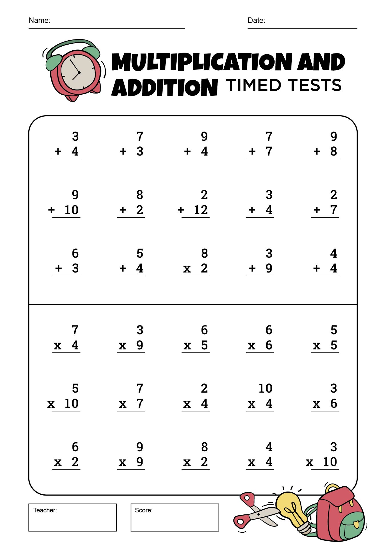 Math Addition Timed Tests Worksheets