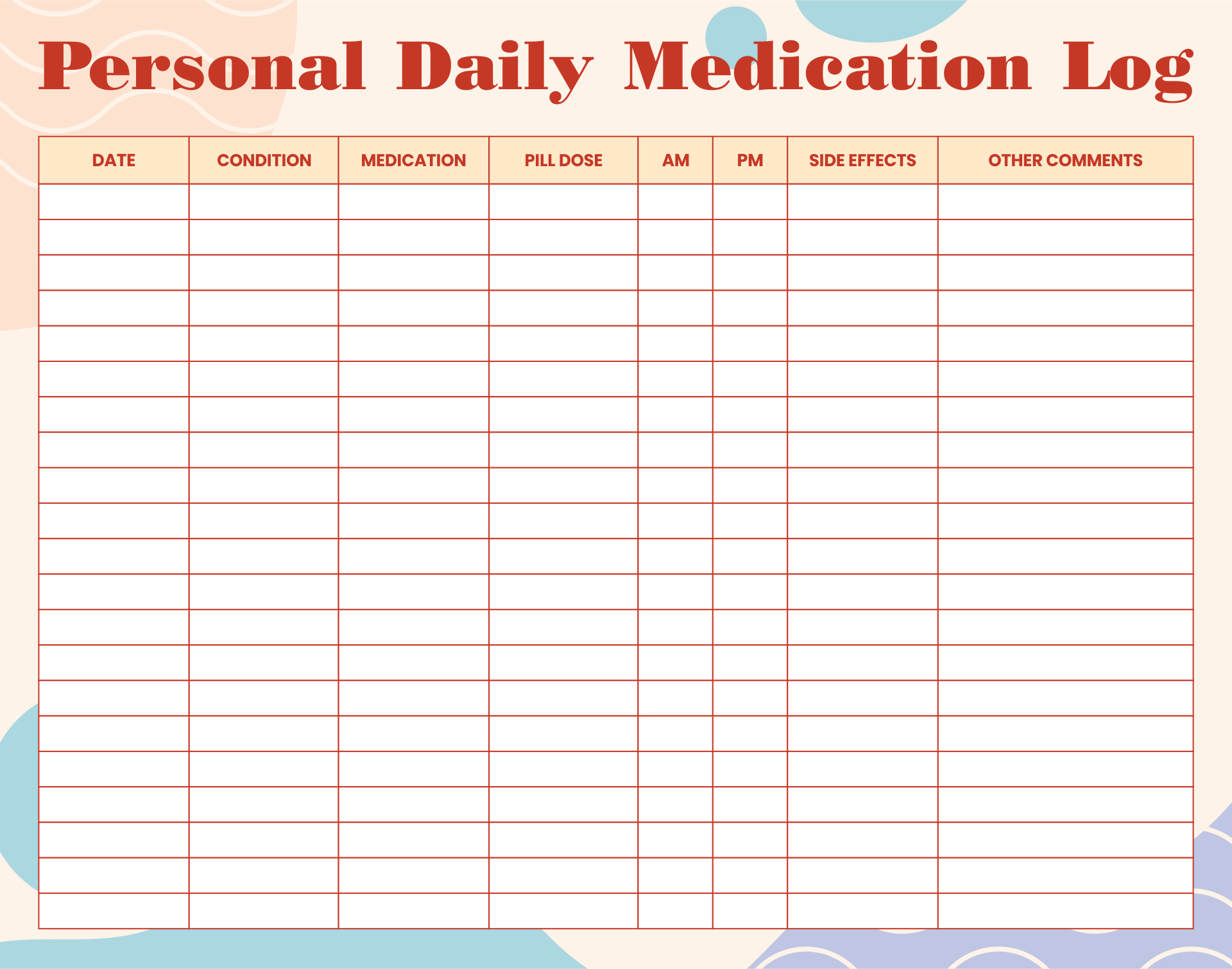 Personal Daily Medication Log Sheet
