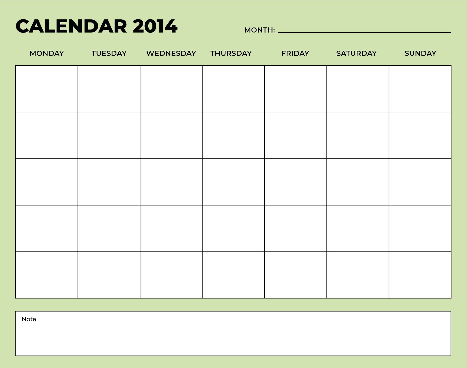 Printable Blank Monthly Calendar Template 2014