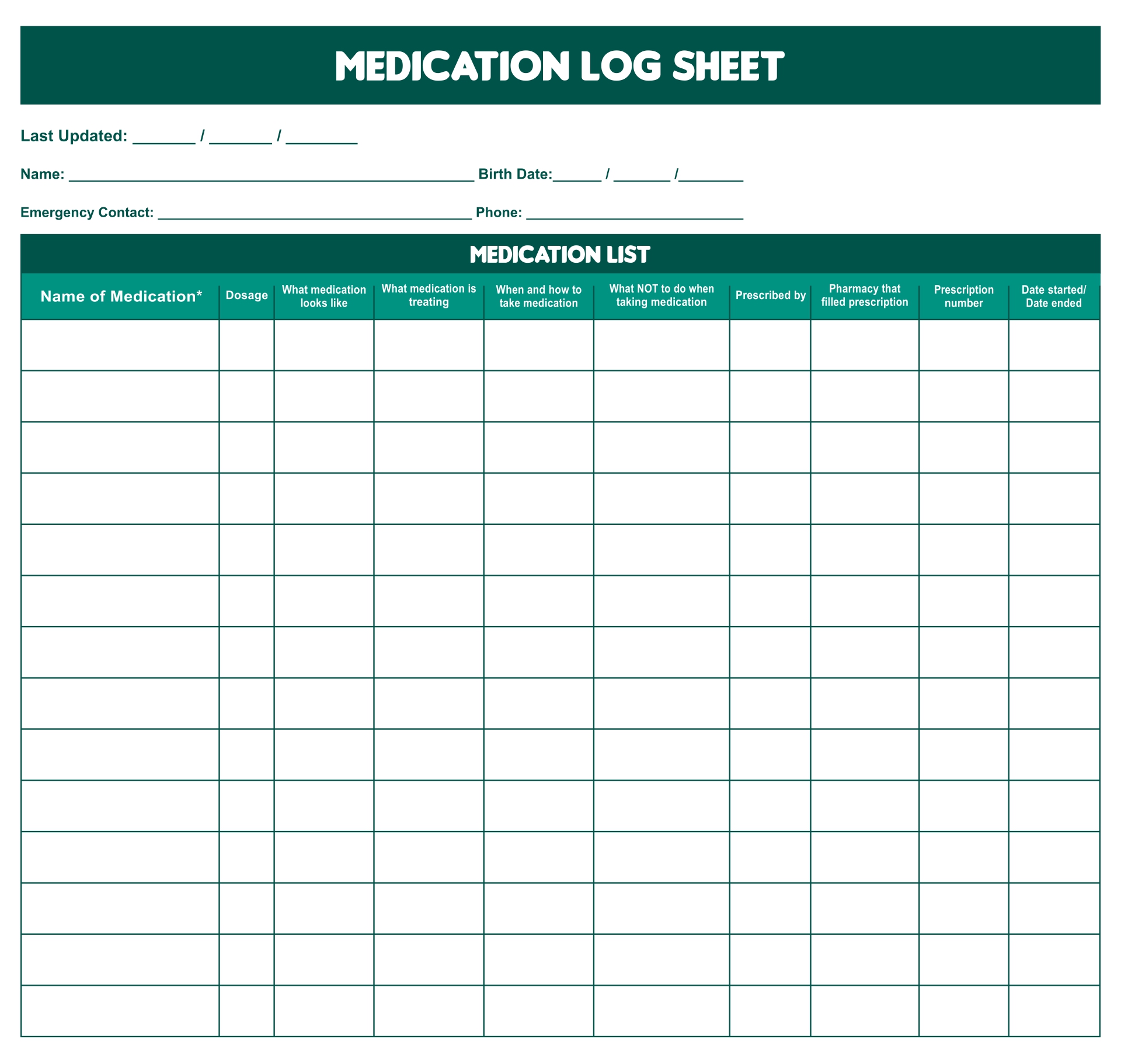 Printable Medication Log Sheet Template