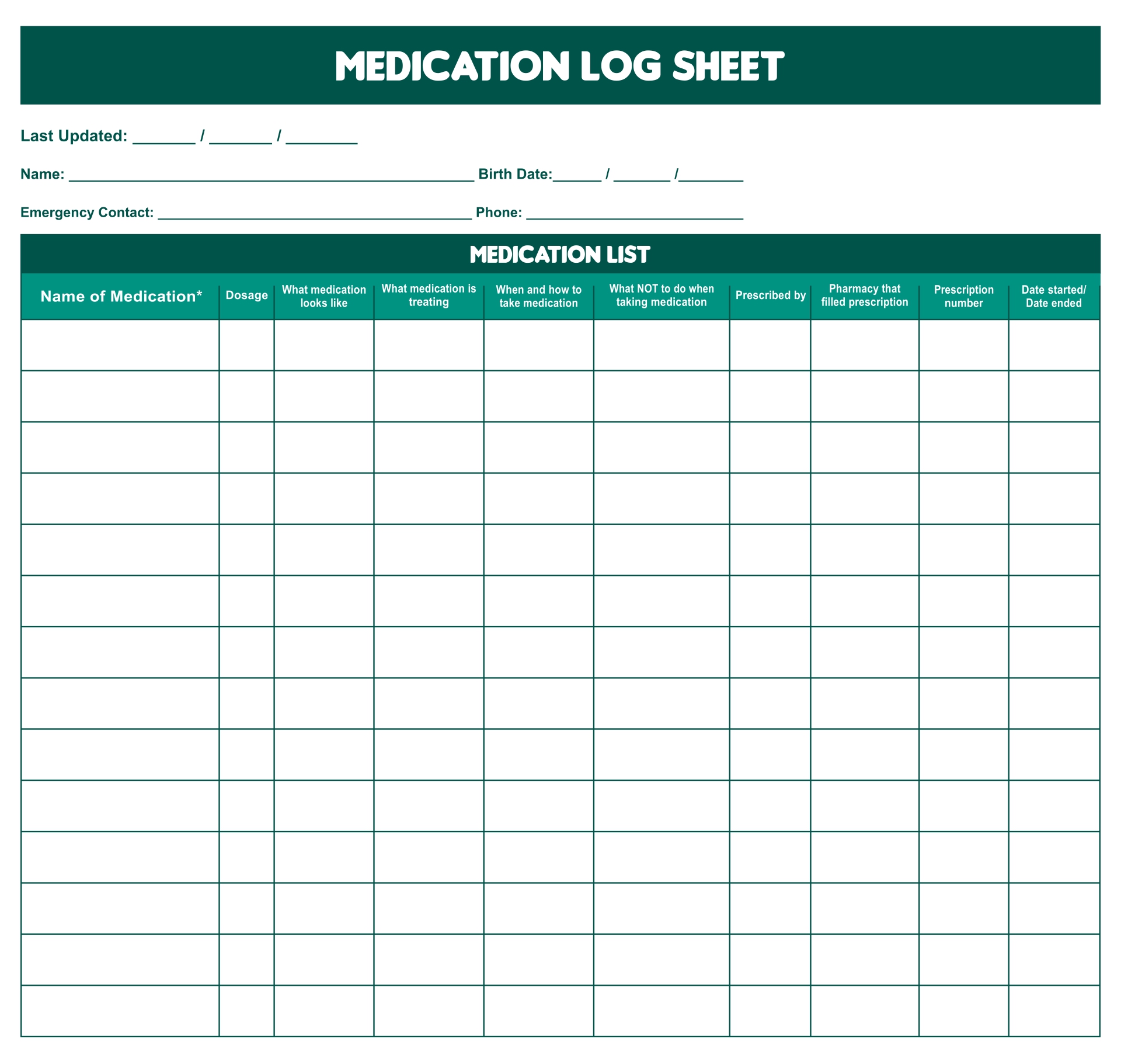 Printable Medication Log Sheet