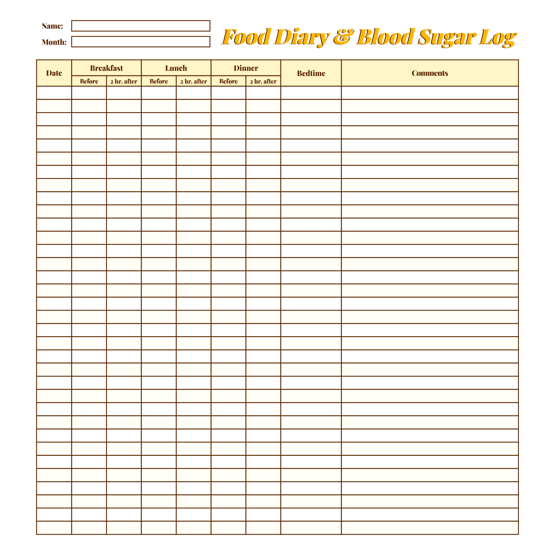 Printable Diabetic Food and Blood Sugar Log