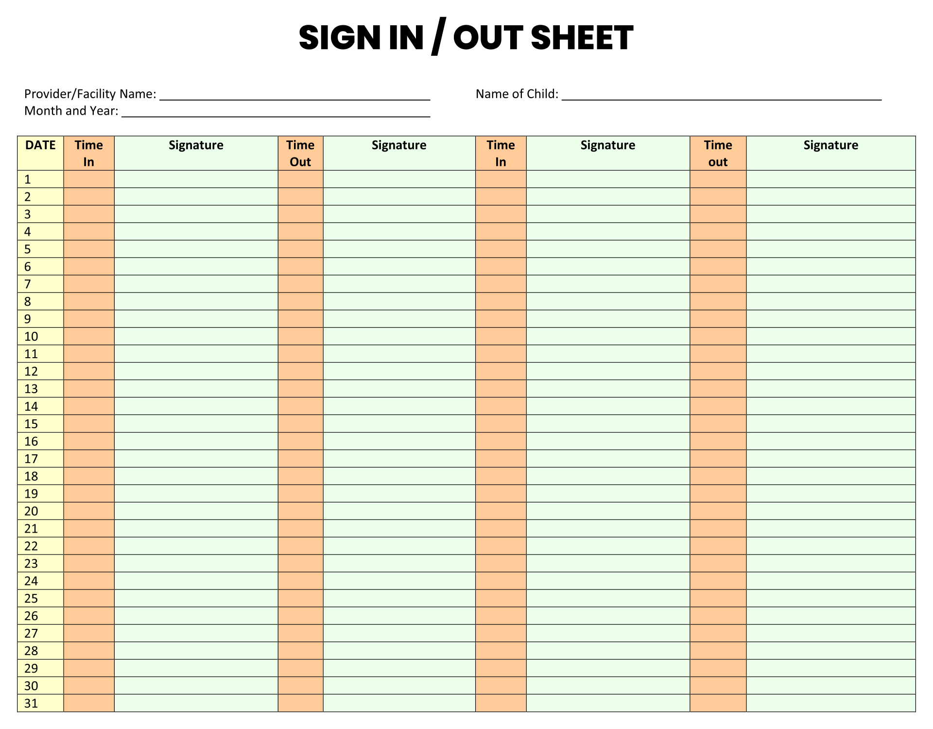 Sign Out Sheet with Date and Time
