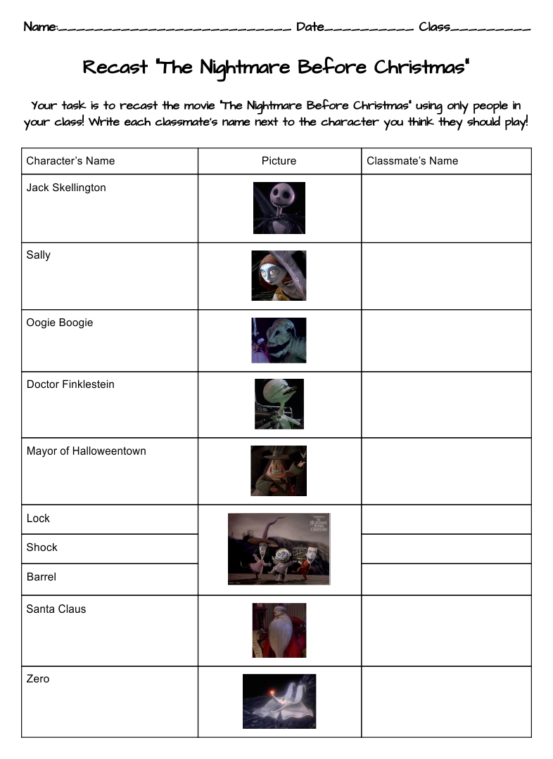 Nightmare Before Christmas Worksheet