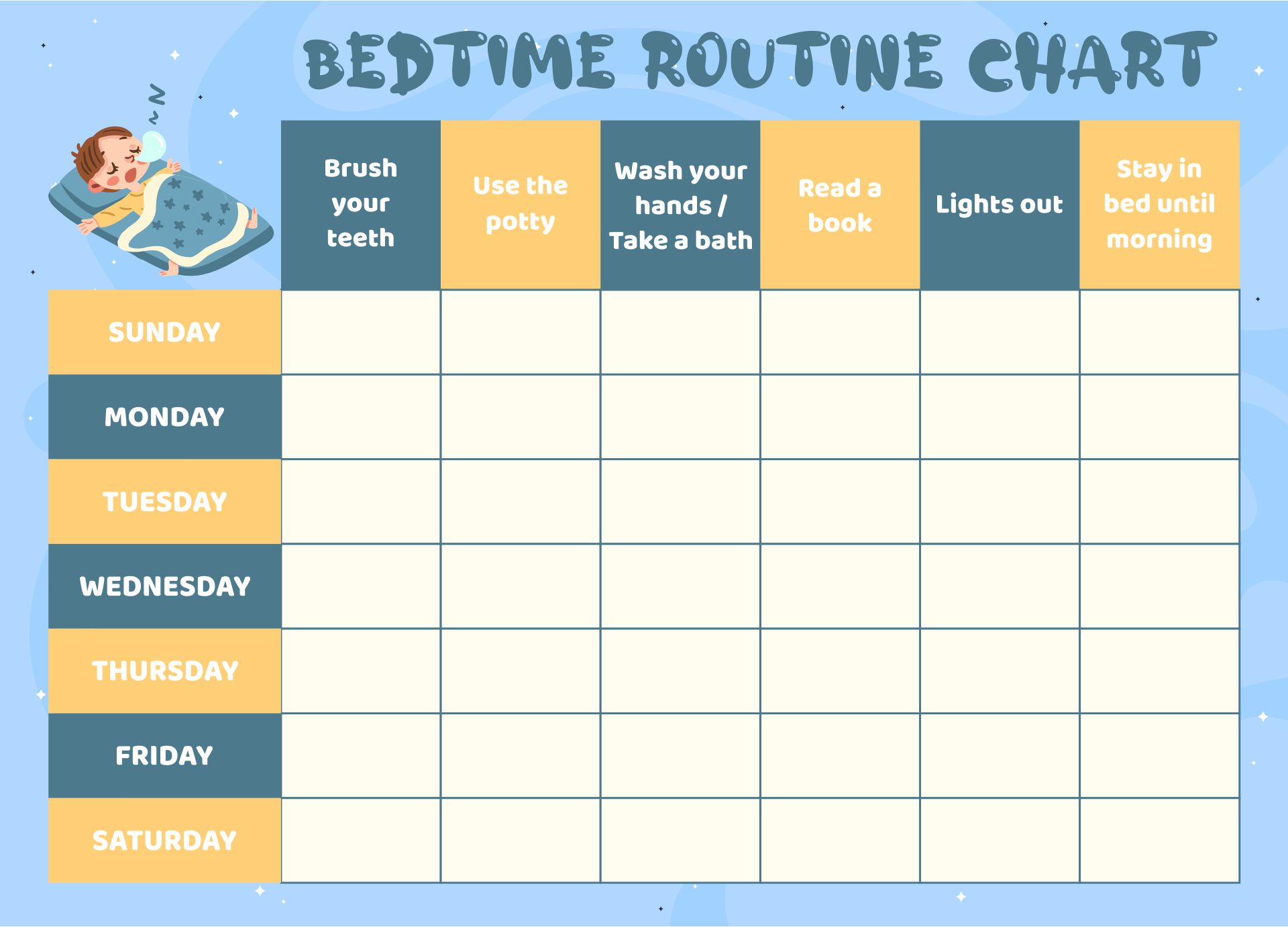 Printable Bedtime Routine Chart for Toddlers