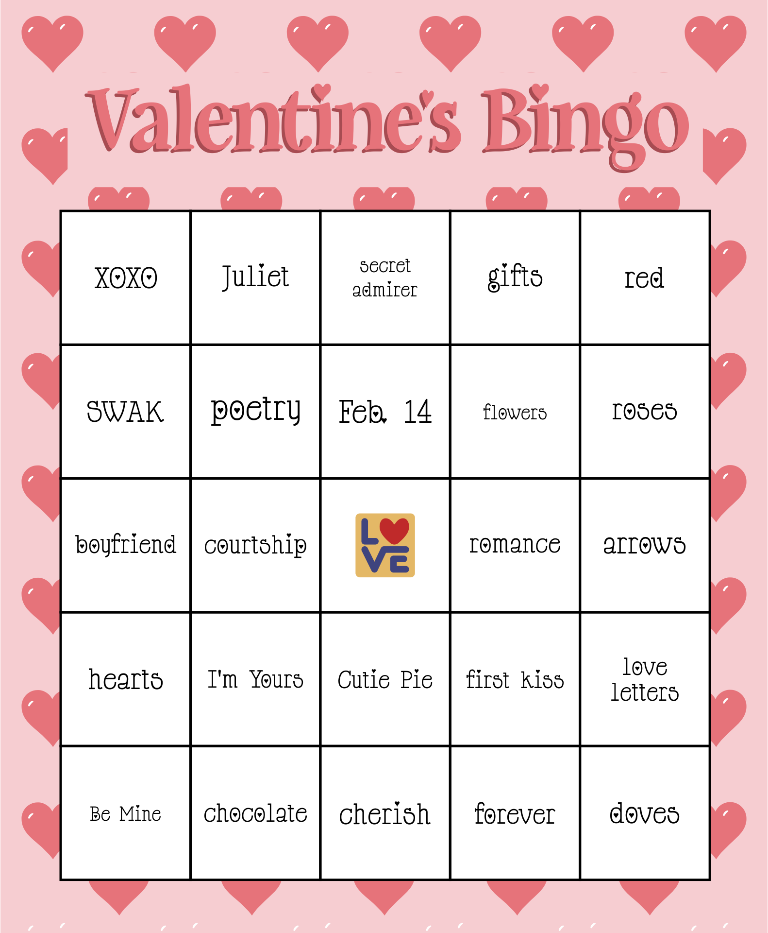 Valentines Day Bingo Cards