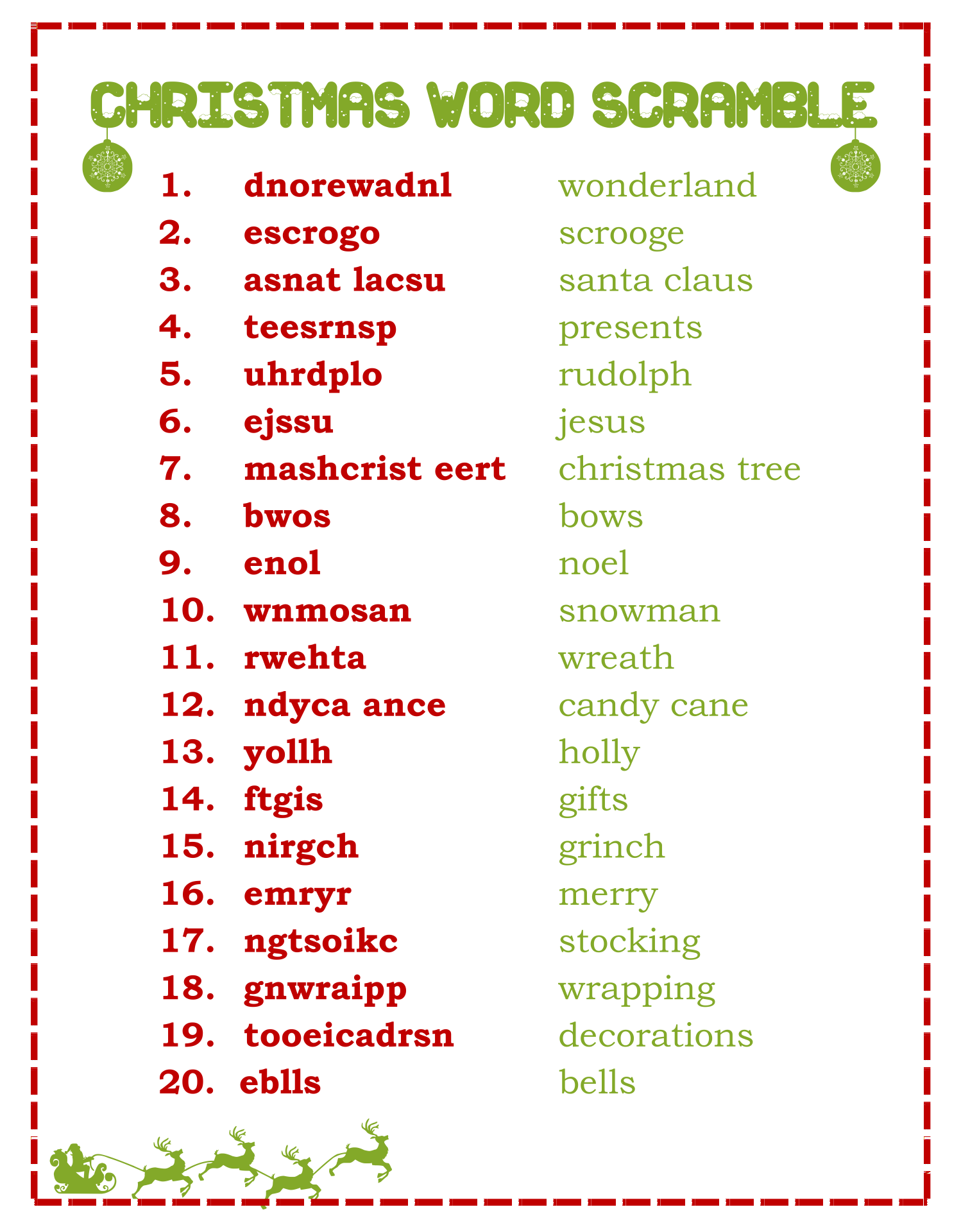 Christmas Word Scramble and Answers