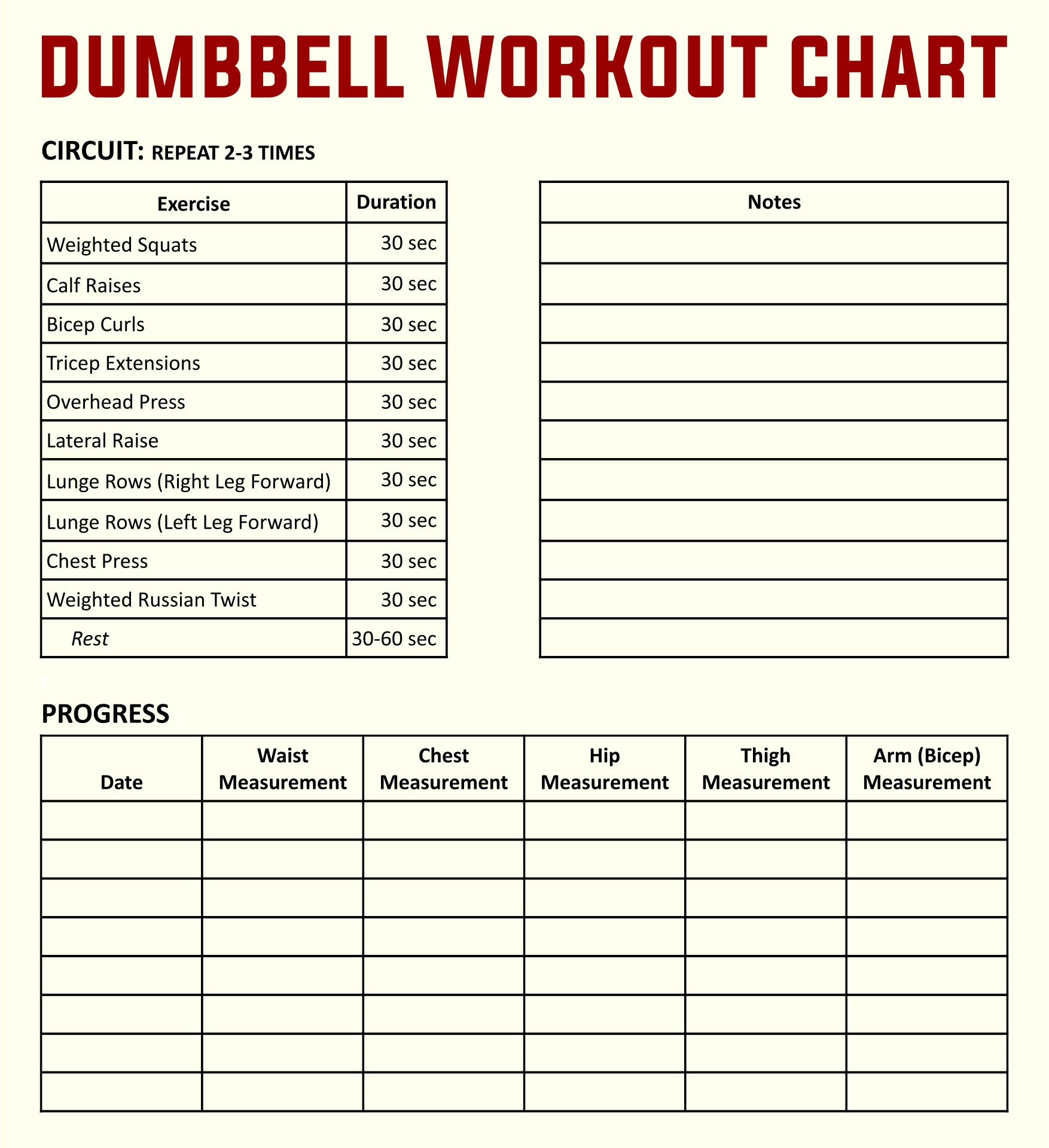 exercise and weight chart printable