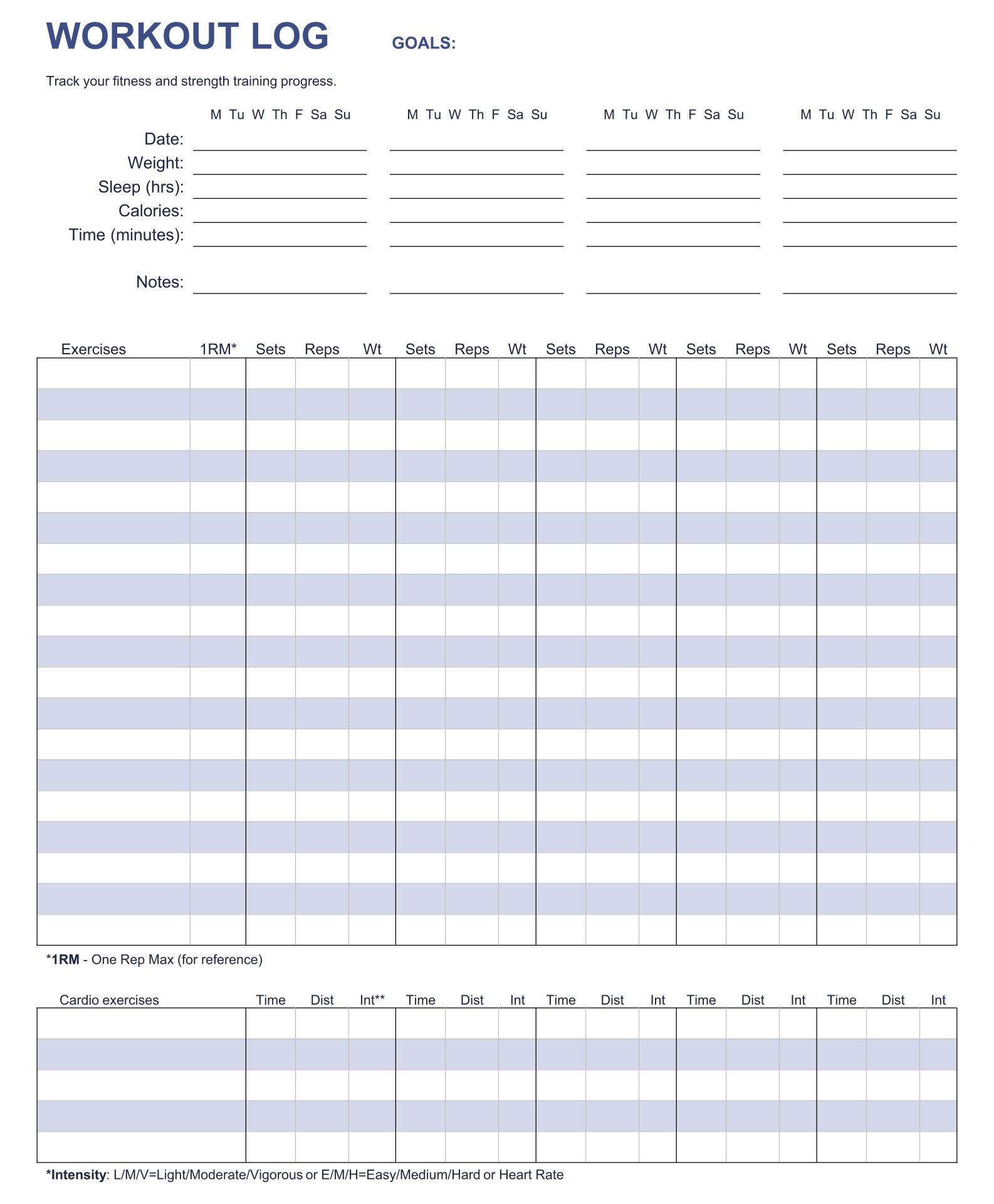 exercise and weight chart printable