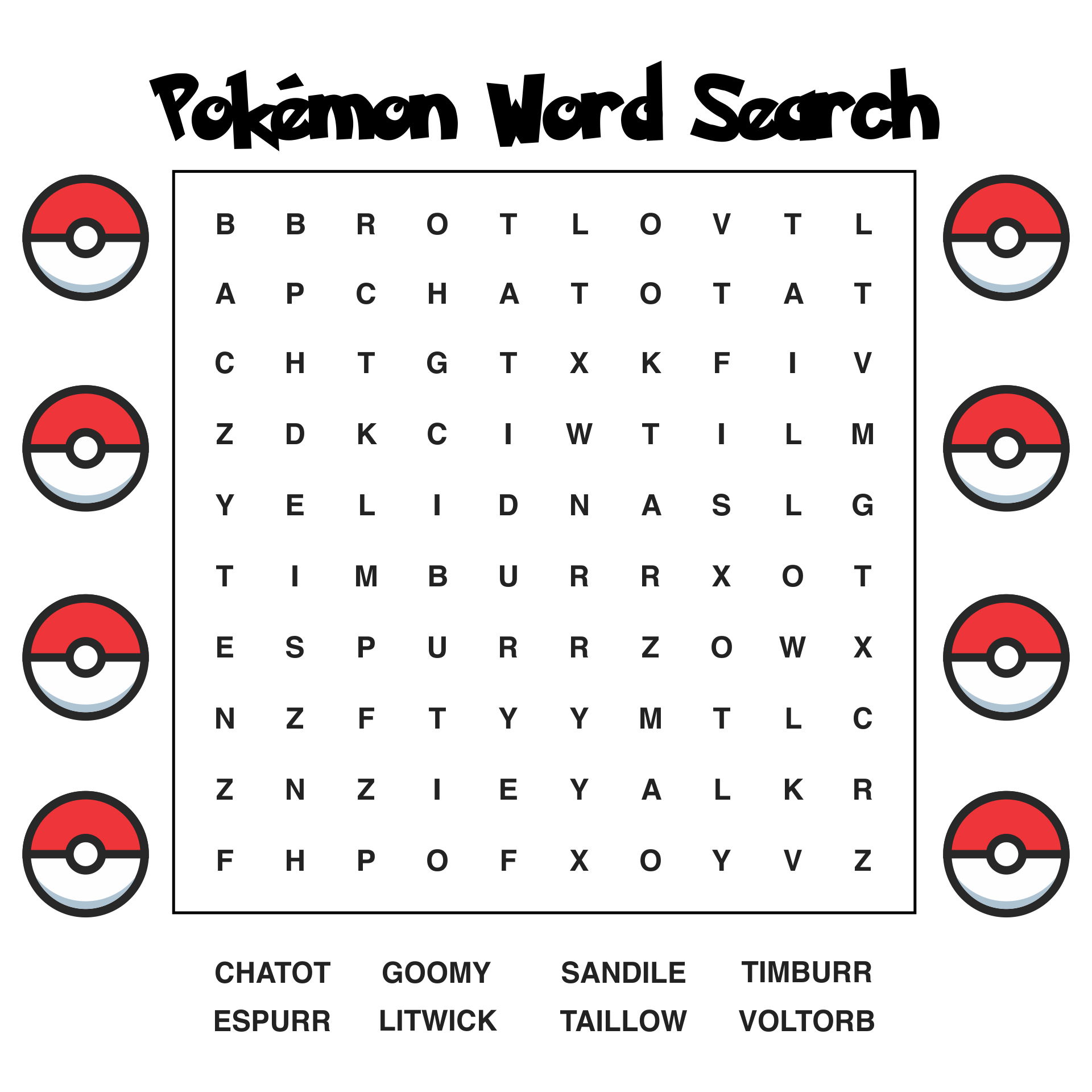 Pokemon Word Search Printable