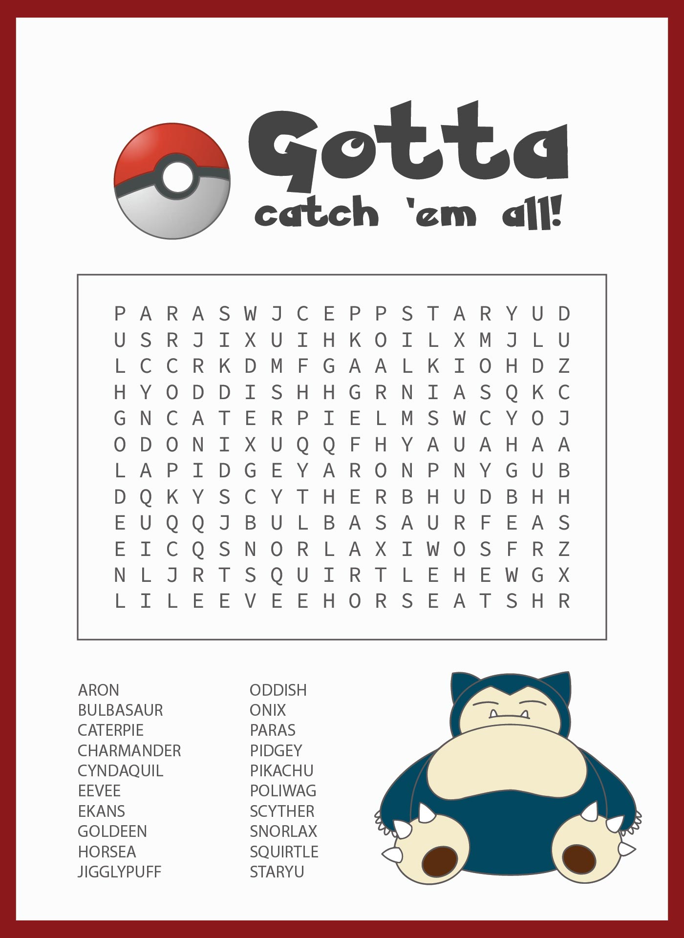 Pokemon Word Search Puzzles Printable