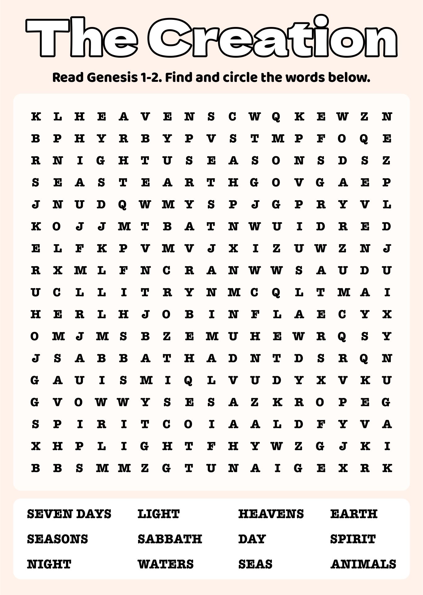 Creation Word Search Printable