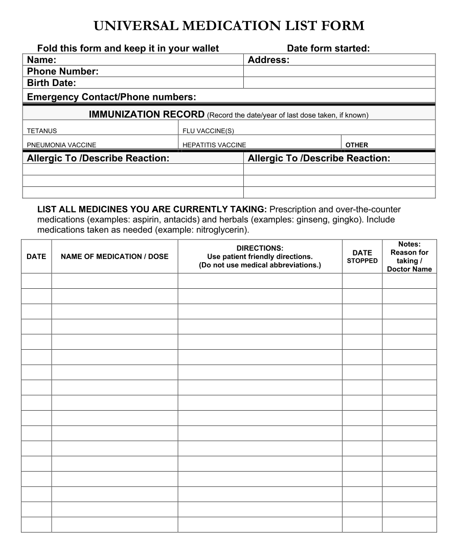 24 Best Printable Medication List Card - printablee.com For Med Cards Template
