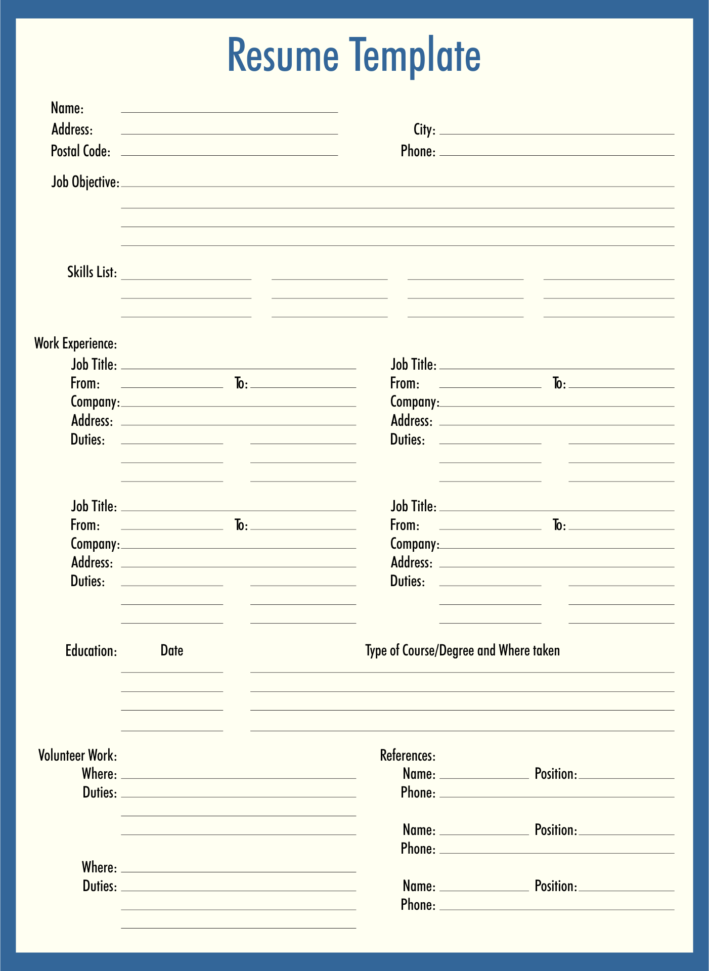 Free Fill In Resumes Printable