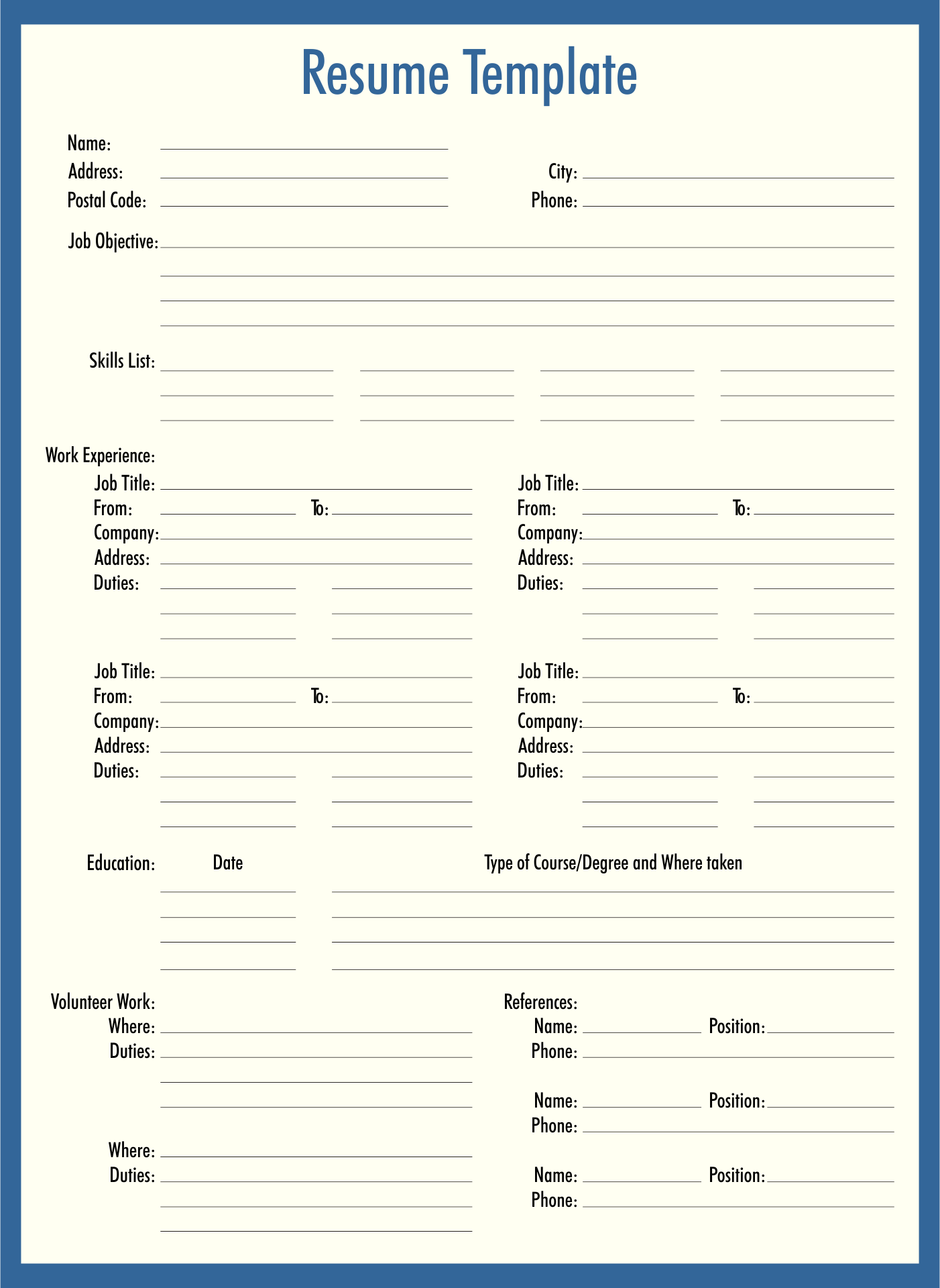 Printable Fill In The Blank Resume Form Printable Forms Free Online