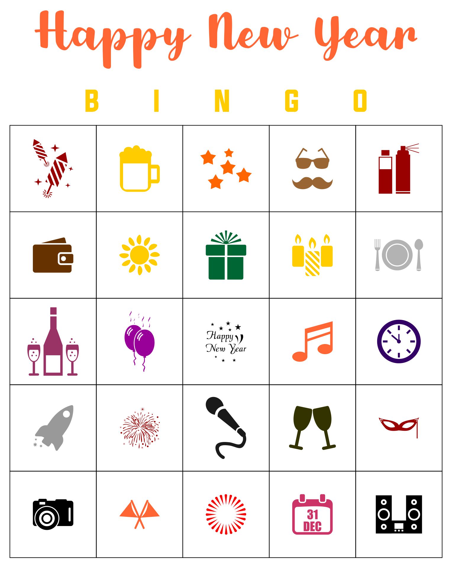 New Years Eve Bingo Card Printable