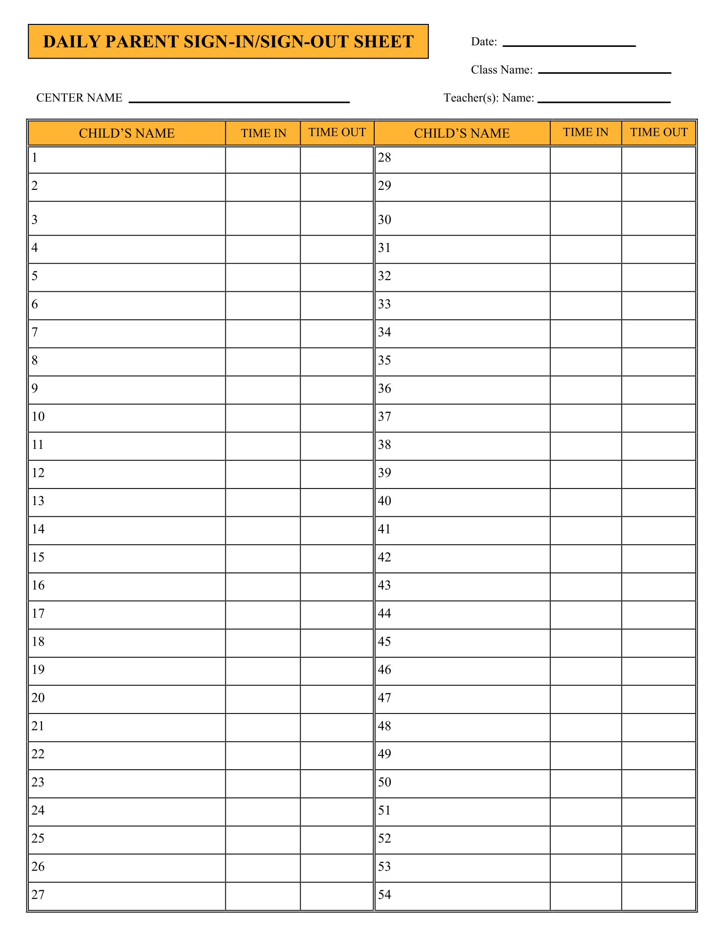 Parent Sign In Sheet Template from www.printablee.com