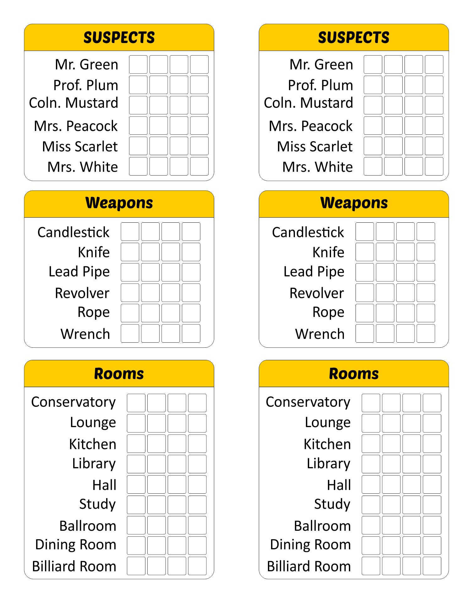 Clue Score Sheet Download/Print PDF File -  Portugal