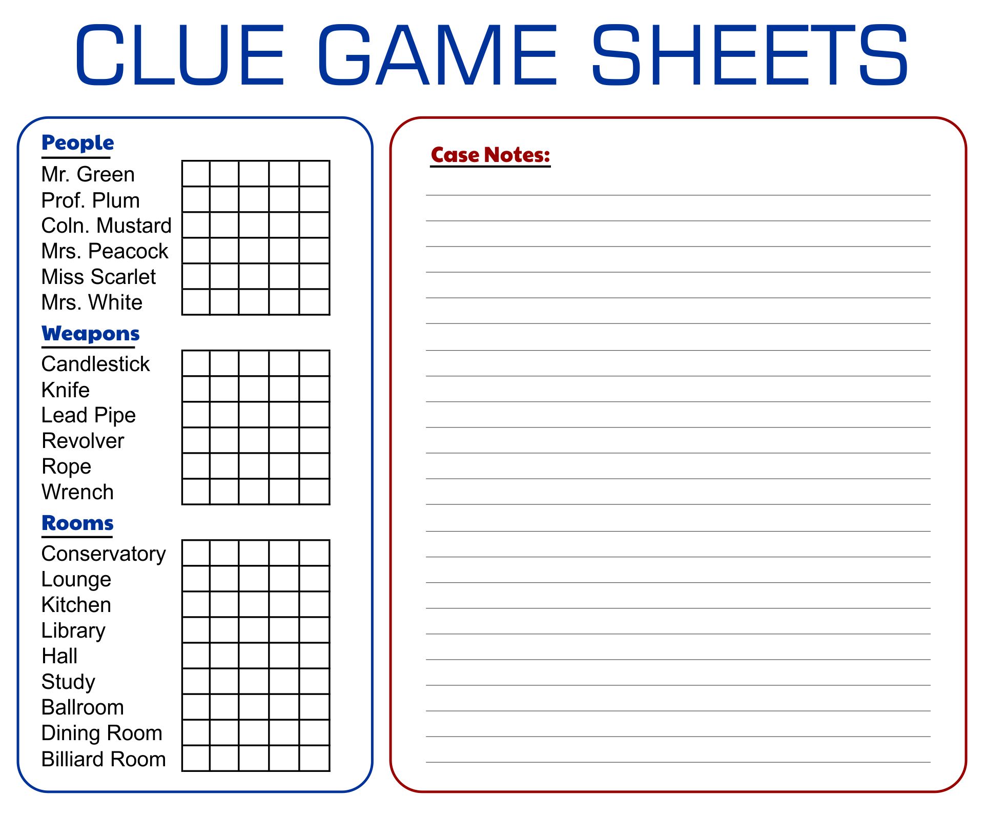 Printable Clue Game Sheets