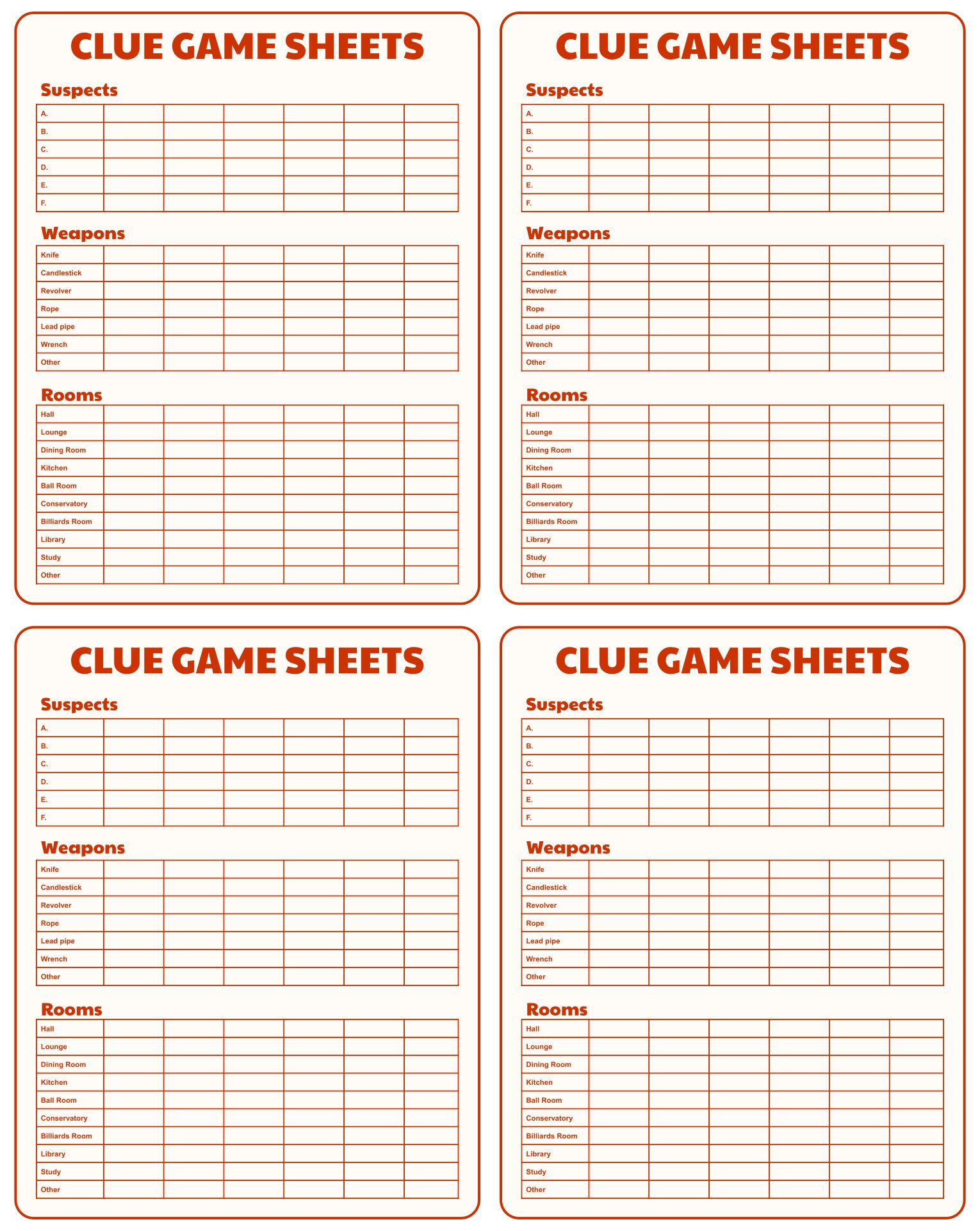10 Best Printable Board Game Clue Sheets Printablee Com