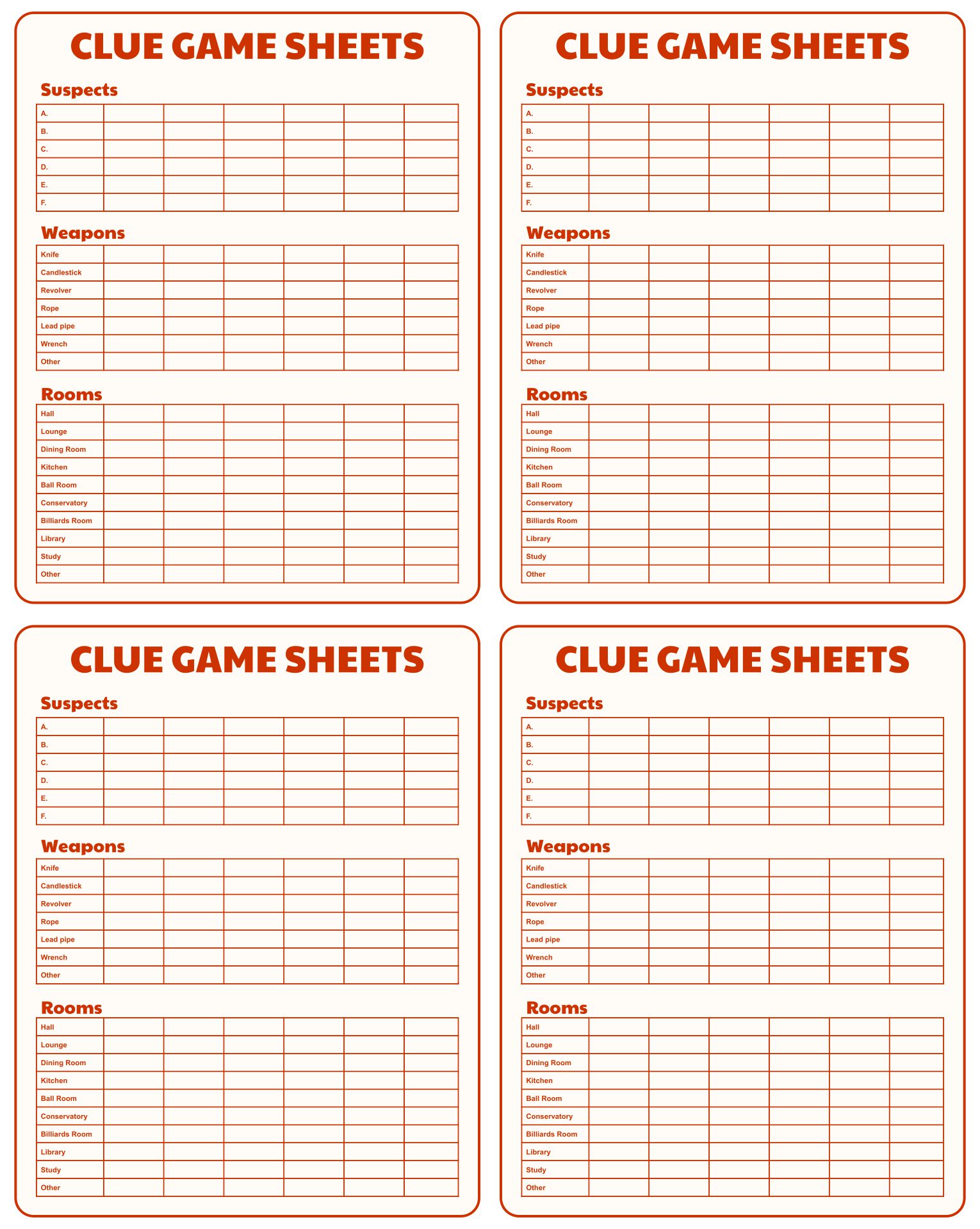 Cluedo Score Sheets Printable Printable Templates