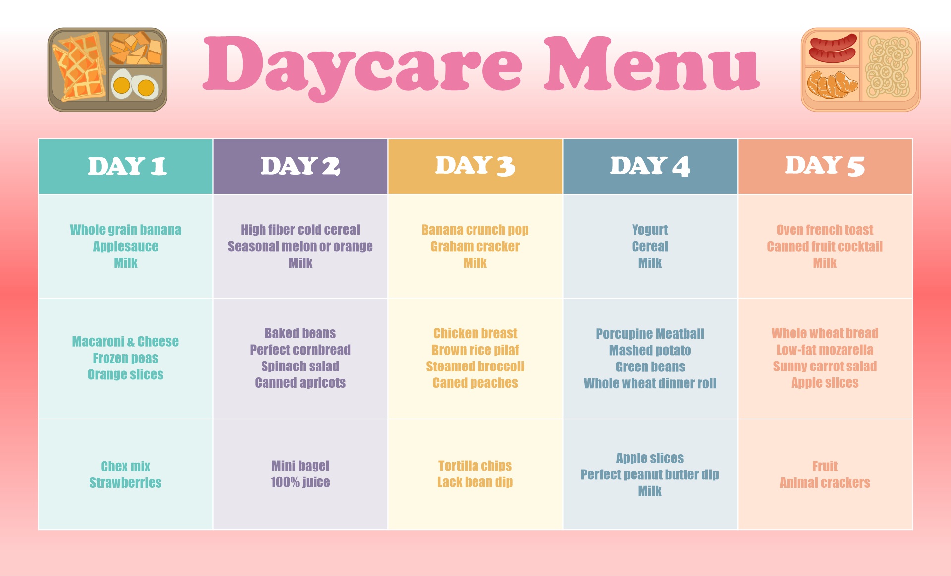 Day Care Menu Ideas