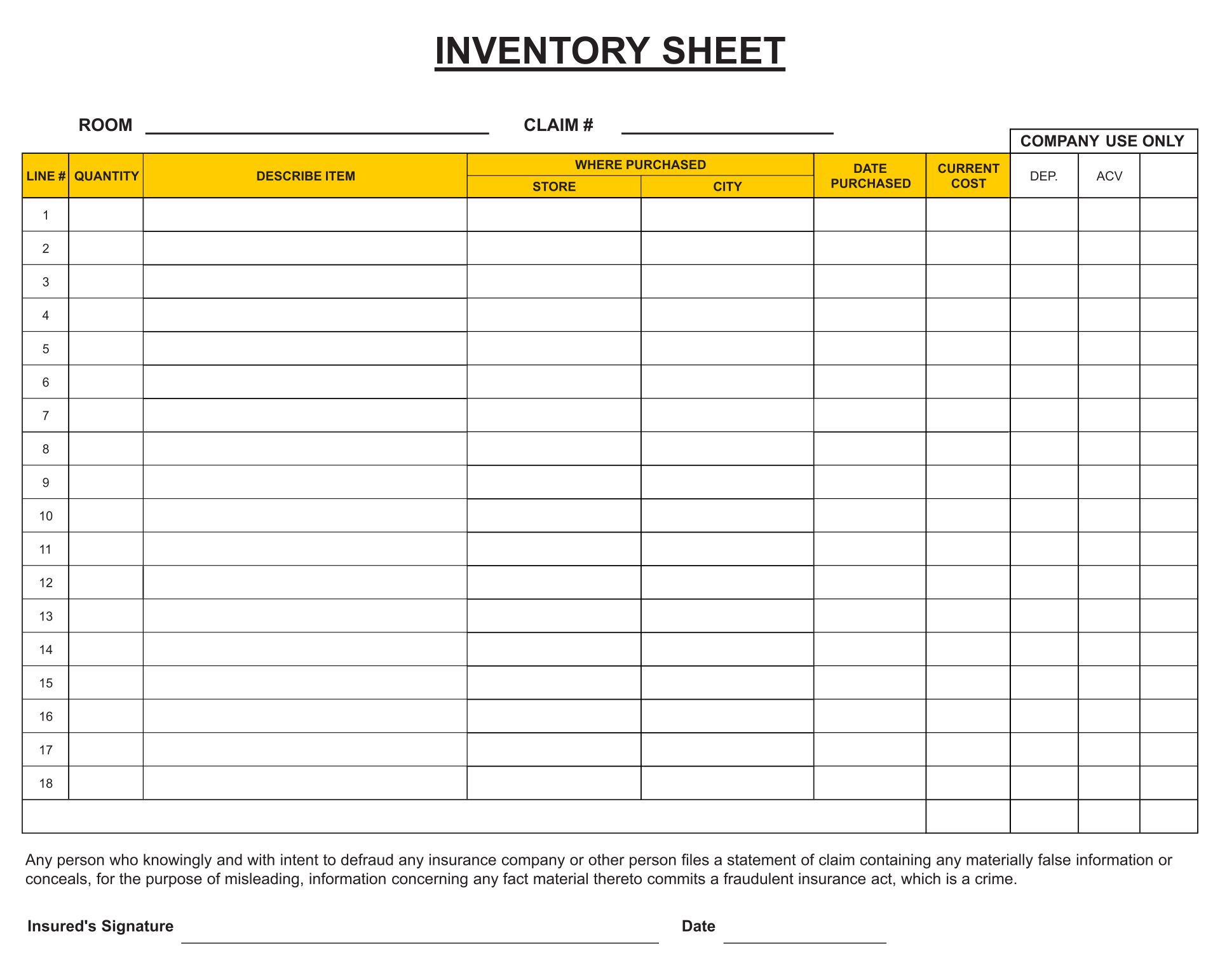 Blank Inventory Sheets