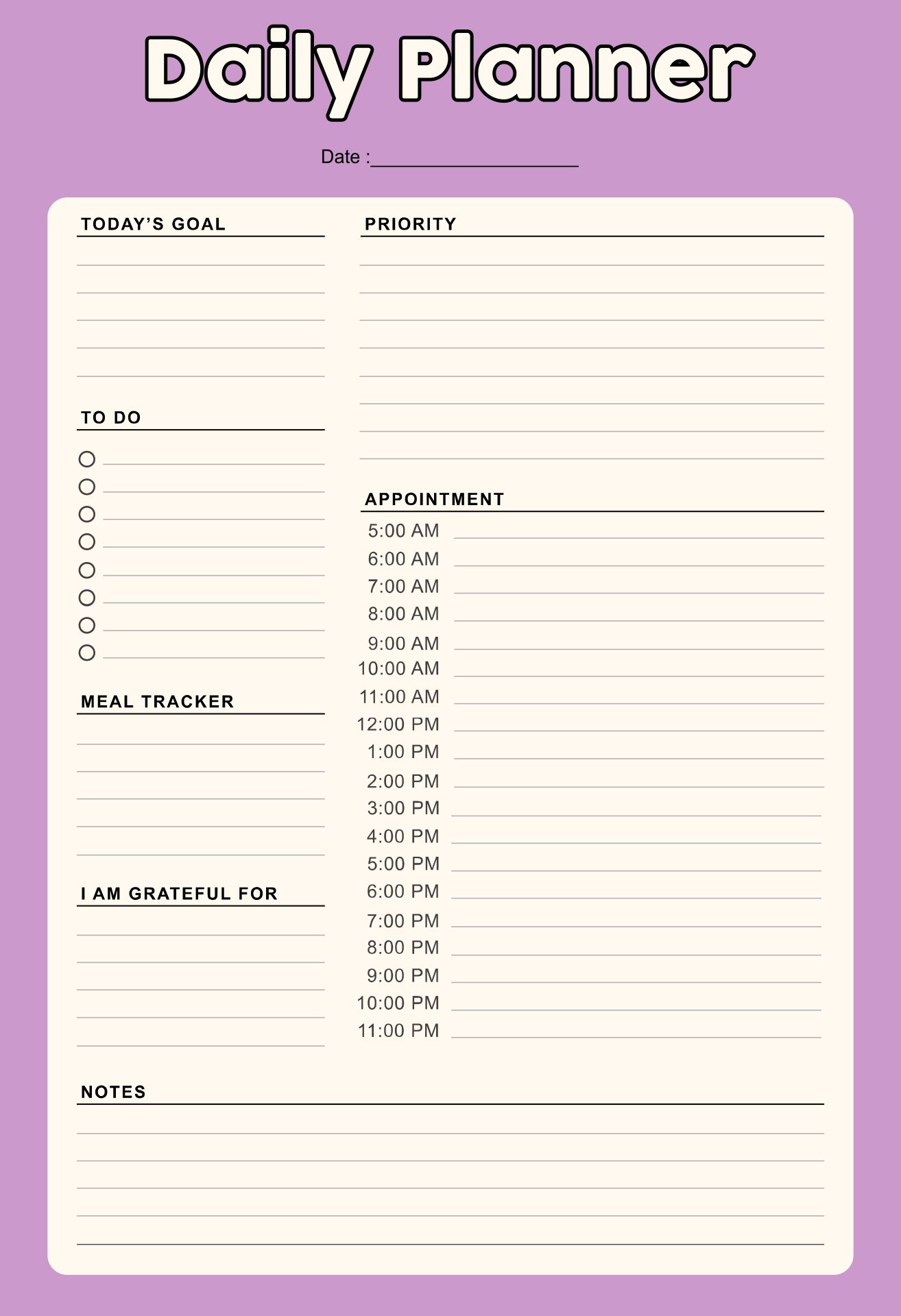 Printable Daily Planner with Times