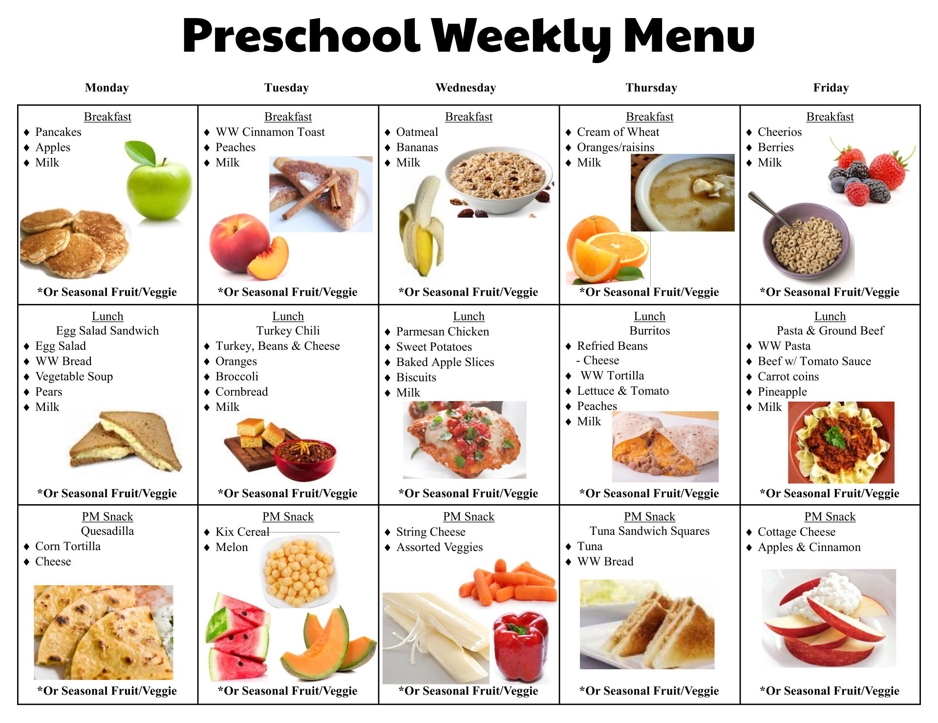 Printable Preschool Lunch Menu